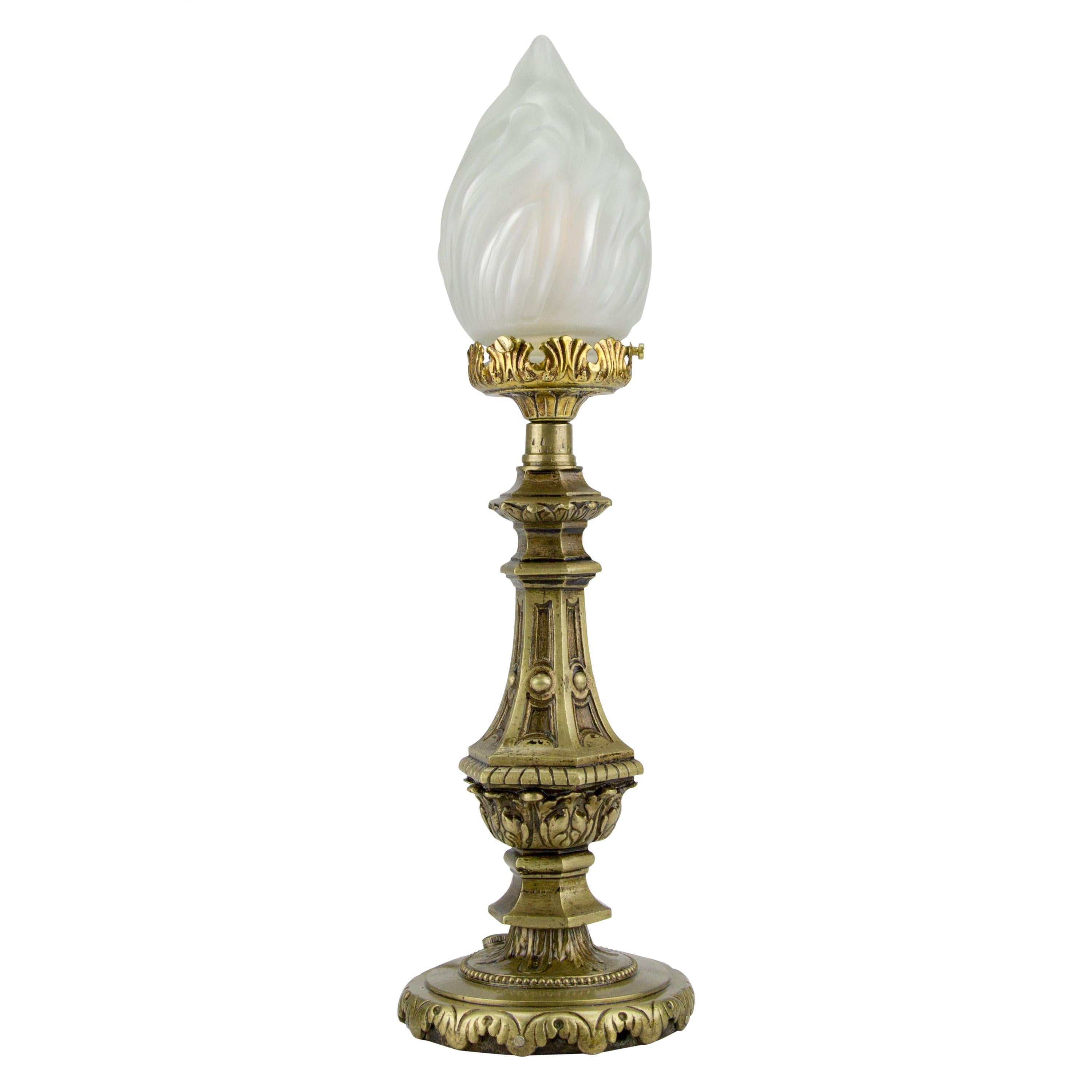 Louis XVI Style Bronze and White Frosted Glass Flame Shade Table Lamp, 1930s