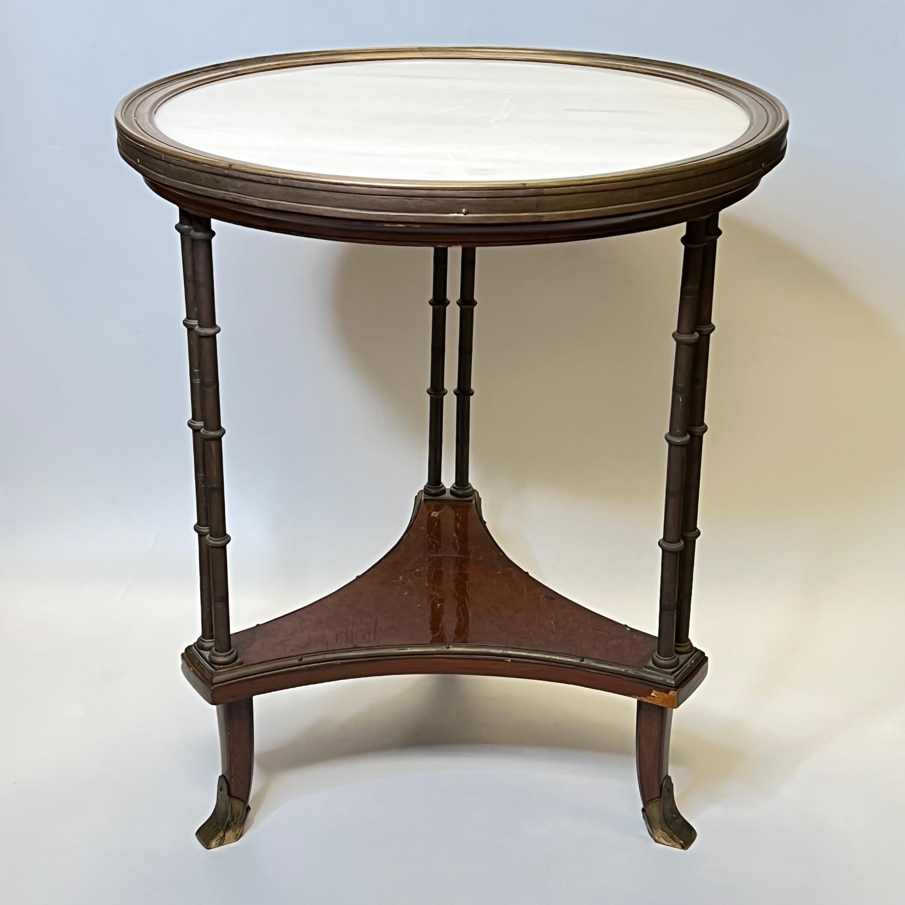 Louis XVI Style bronze and white marble Gueridon table with Bamboo form bronze legs.