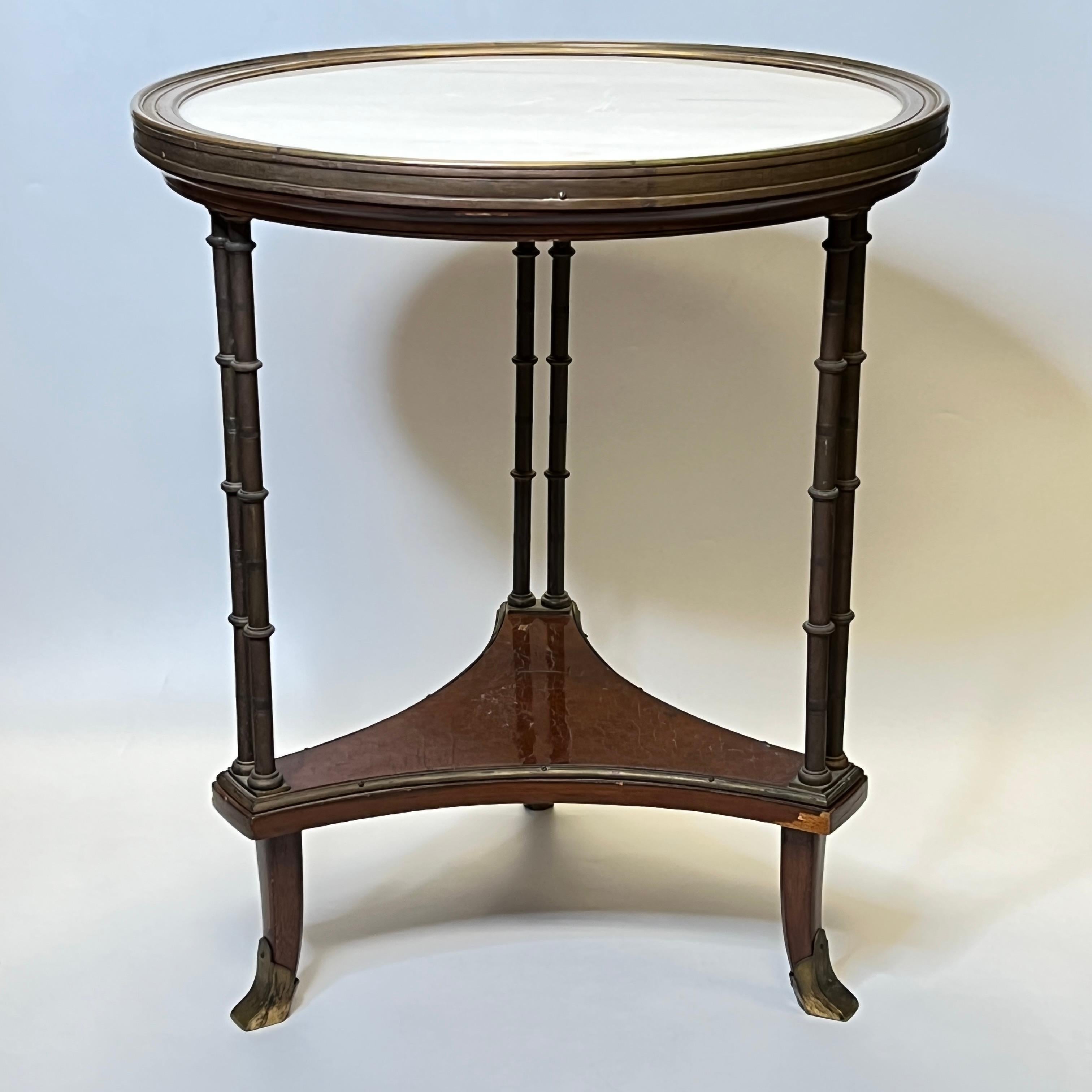 French Louis XVI Style Bronze and White Marble Gueridon Table with Bamboo Legs For Sale