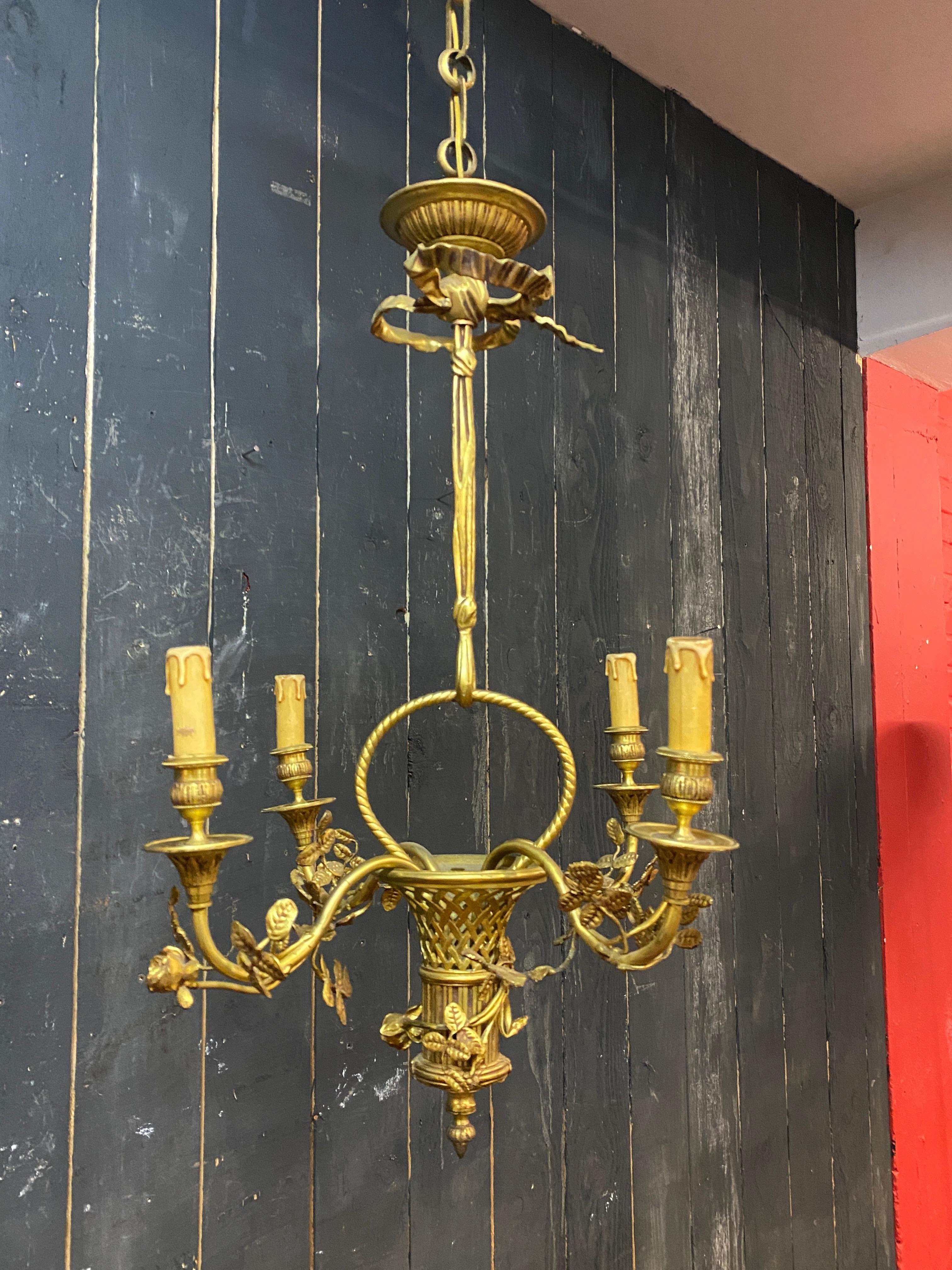 French Louis XVI style bronze basket chandelier, circa 1950 For Sale