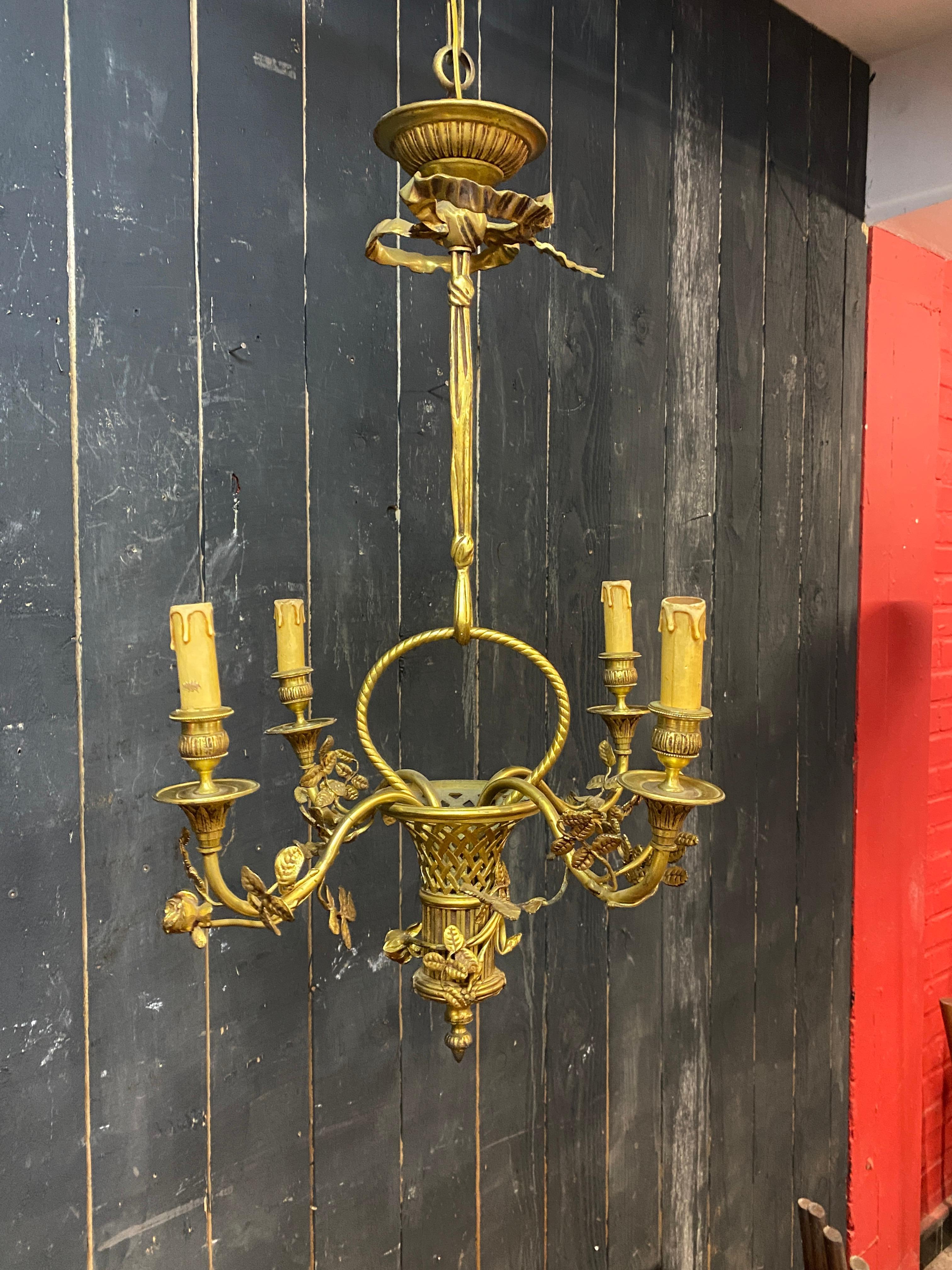 Louis XVI style bronze basket chandelier, circa 1950 For Sale 1