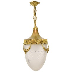Louis XVI Style Bronze Brass and Frosted Cut-Glass Hall Lamp Lantern, 1920s