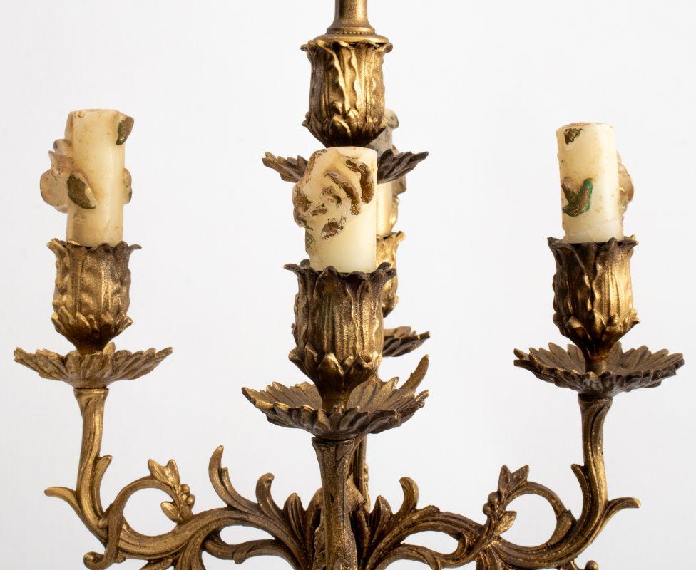 Louis XVI Style Gold Painted Bronze Five Light Candelabra Mounted as Lamp, two putti on tree form support, on red marble base. 40