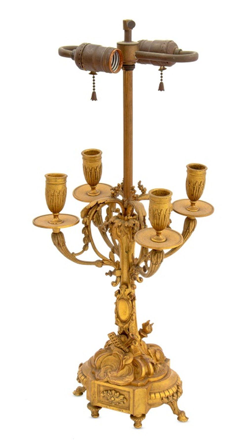 Gilt Louis XVI Style Bronze Candelabra Mounted as Lamp For Sale