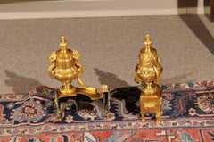 Louis XVI Style Bronze Dore Chenets with Urn, Swag, & Ram’s Head Detail