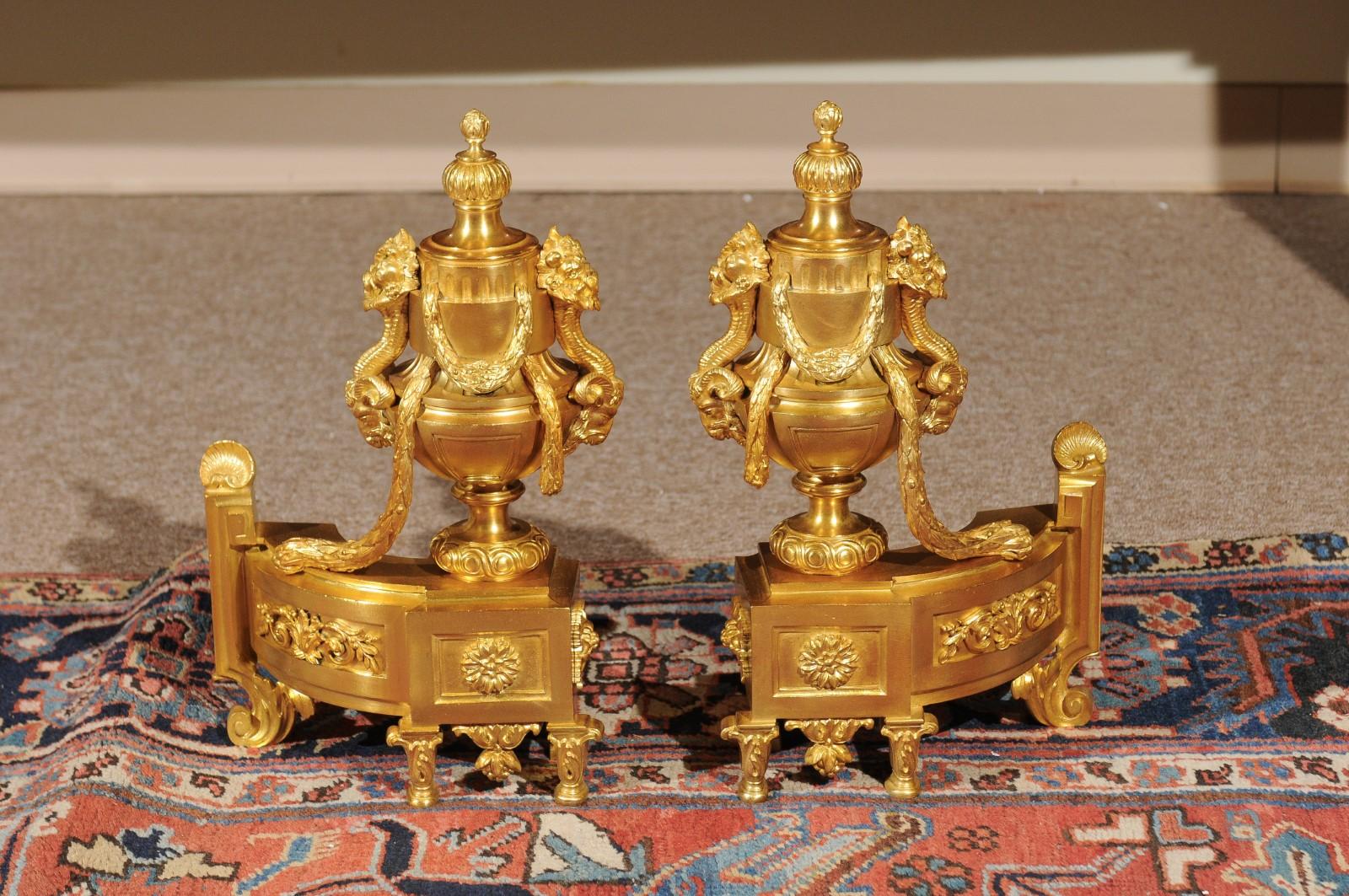 Louis XVI Style Bronze Dore Chenets with Urn, Swag, & Ram’s Head Detail For Sale 2