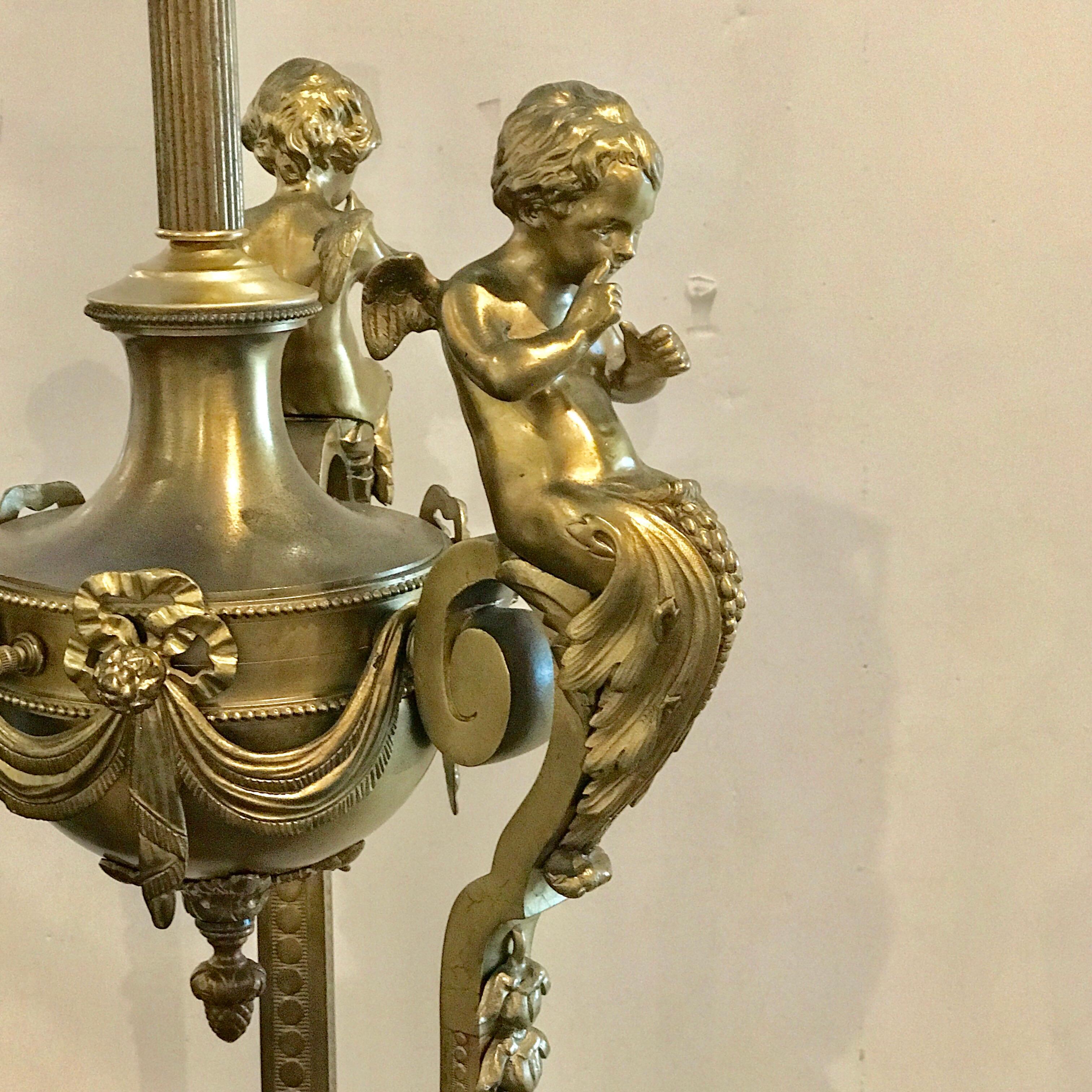 Gilt Louis XVI Style Bronze Figural Putti Floor Lamp, in the Manner of François Linke For Sale