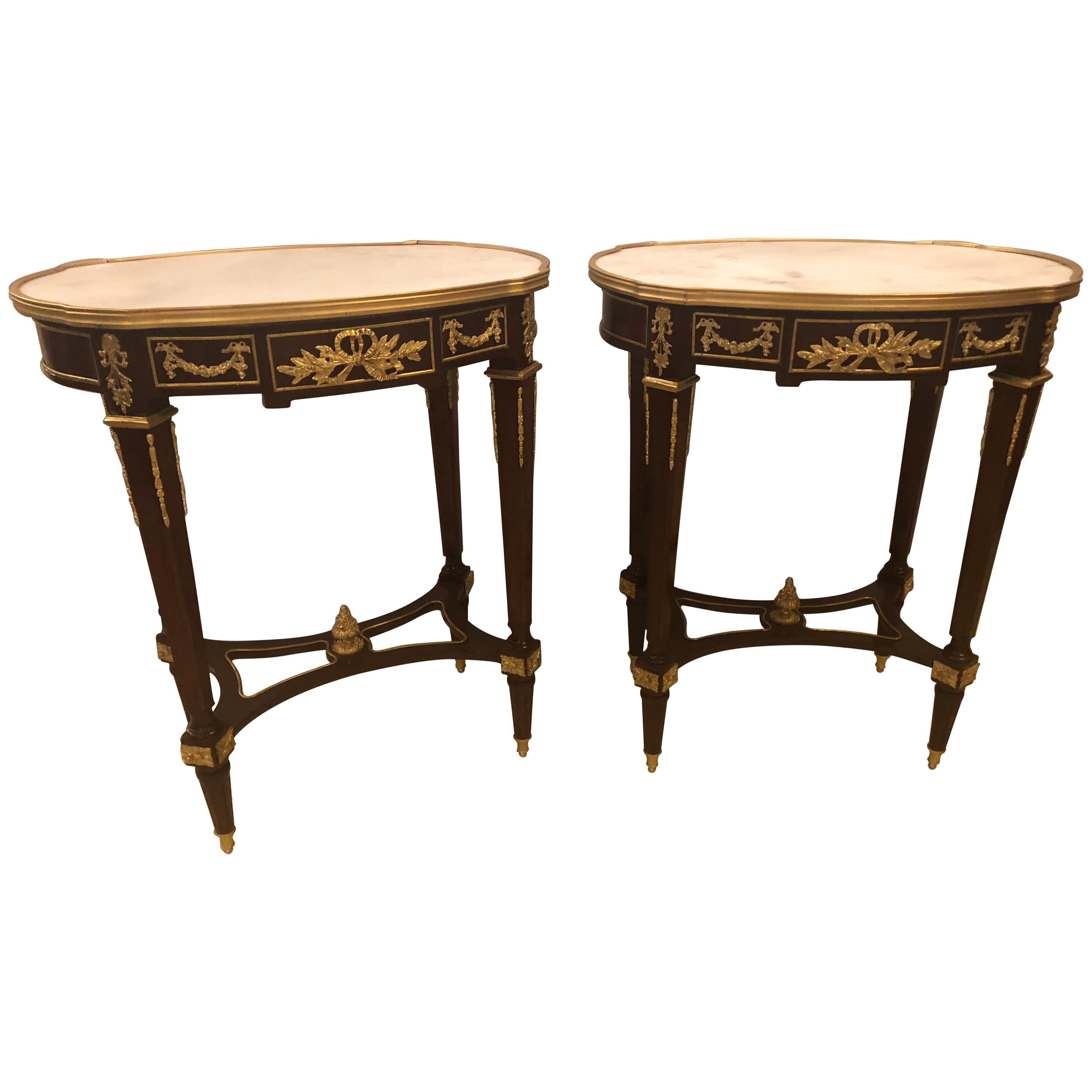 Louis XVI Style Bronze Framed Marble-Top End Lamp Tables with Bronze Mounts Pair For Sale