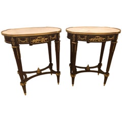 Retro Louis XVI Style Bronze Framed Marble-Top End Lamp Tables with Bronze Mounts Pair