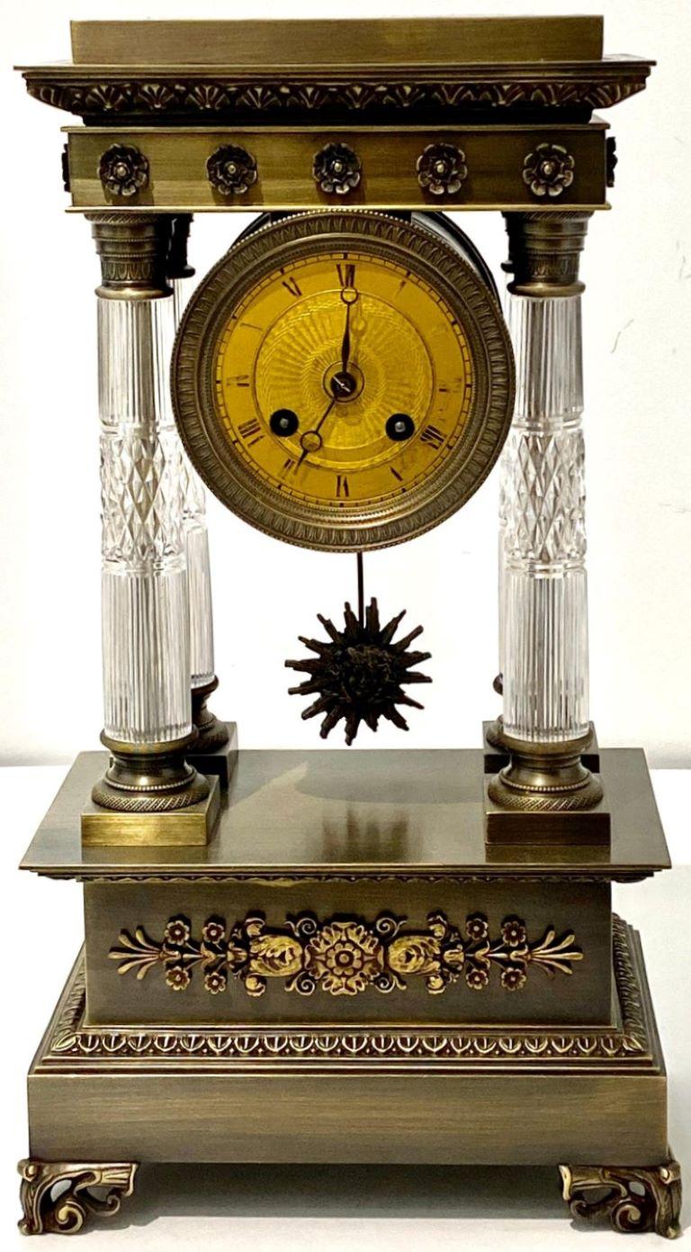 Antique 1920s Louis XVI style bronze & crystal mantle clock from a Palm Beach estate.

Inside the clockworks is the 