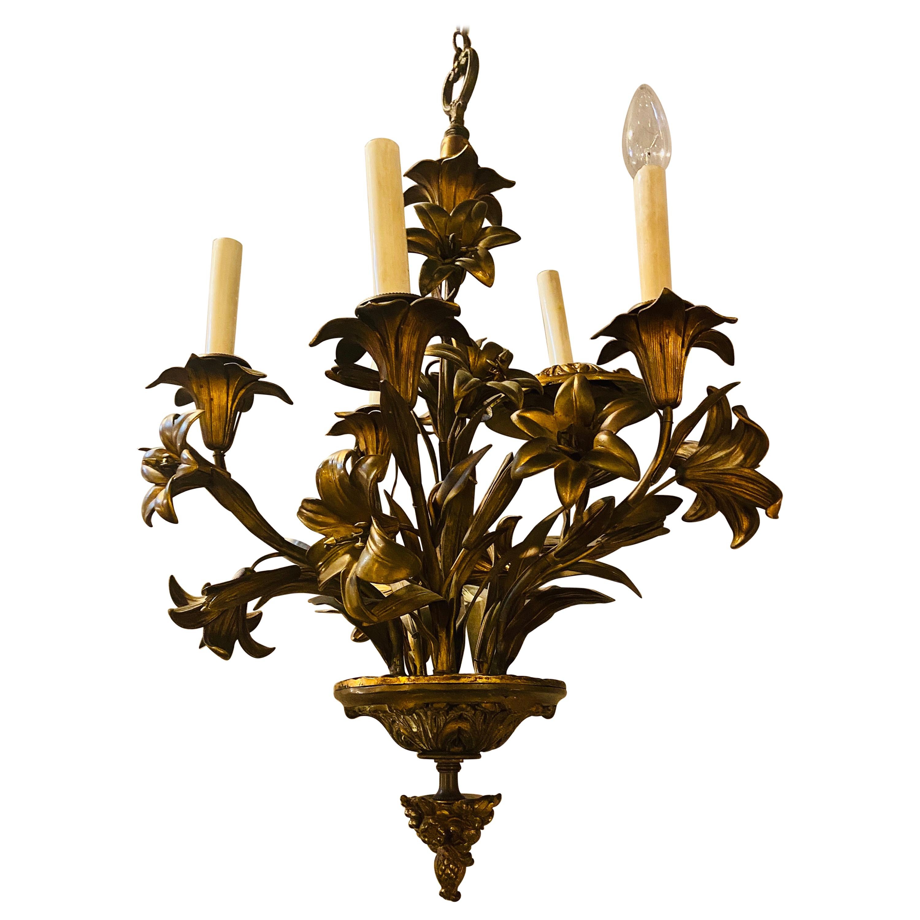 Louis XVI Style Bronze Mounted Five-Light Tulip Design Chandelier Fixture