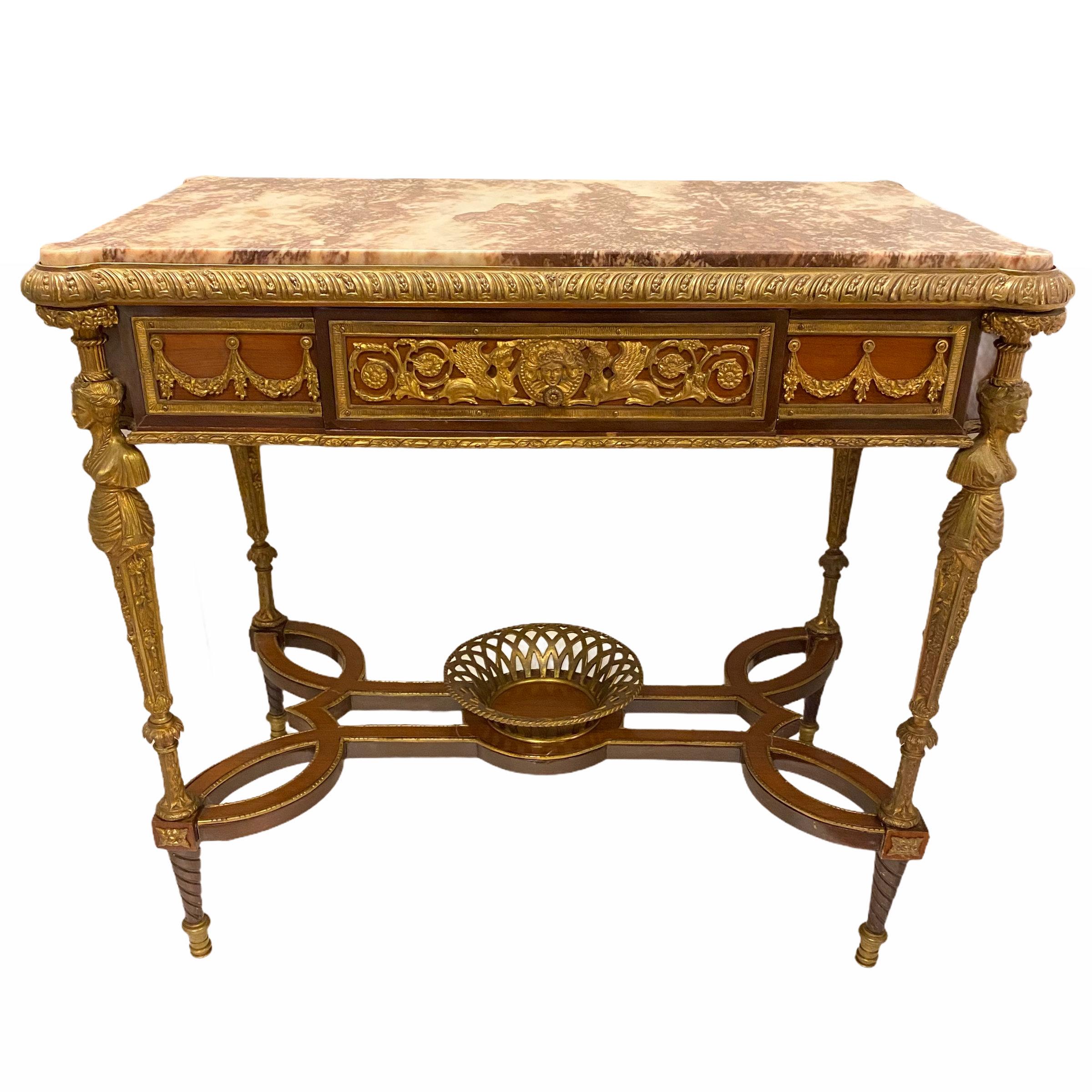 Very nice quality Louis XVI style bronze mounted figural marble top side table.
 
