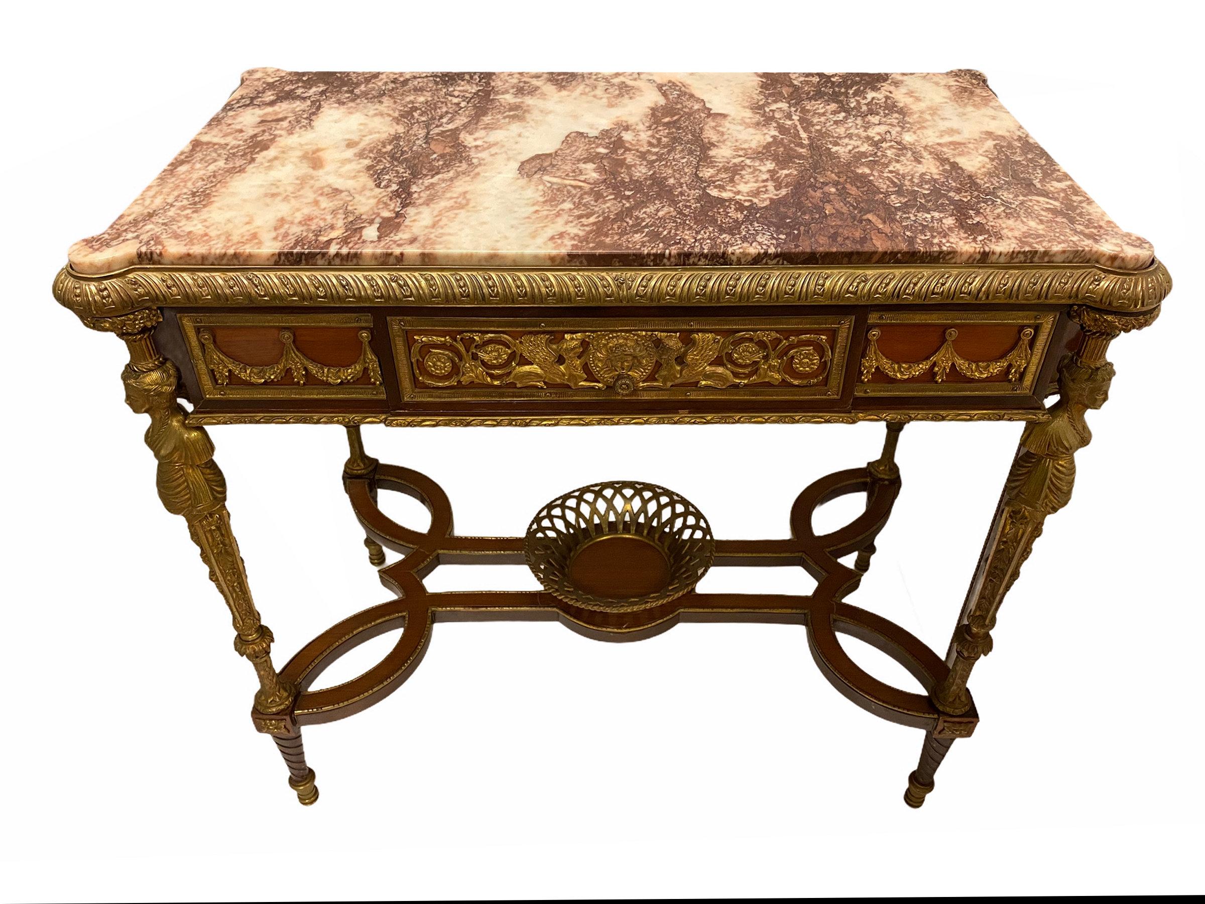 Spanish Louis XVI Style Bronze Mounted Marble Top Side Table