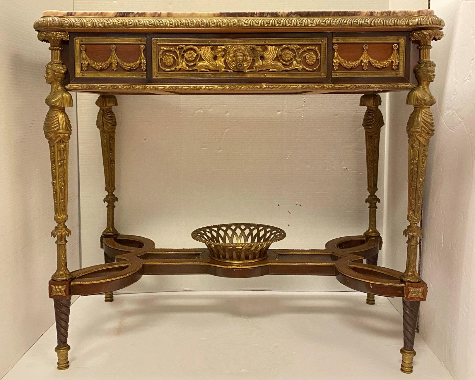 Gilt Louis XVI Style Bronze Mounted Marble Top Side Table