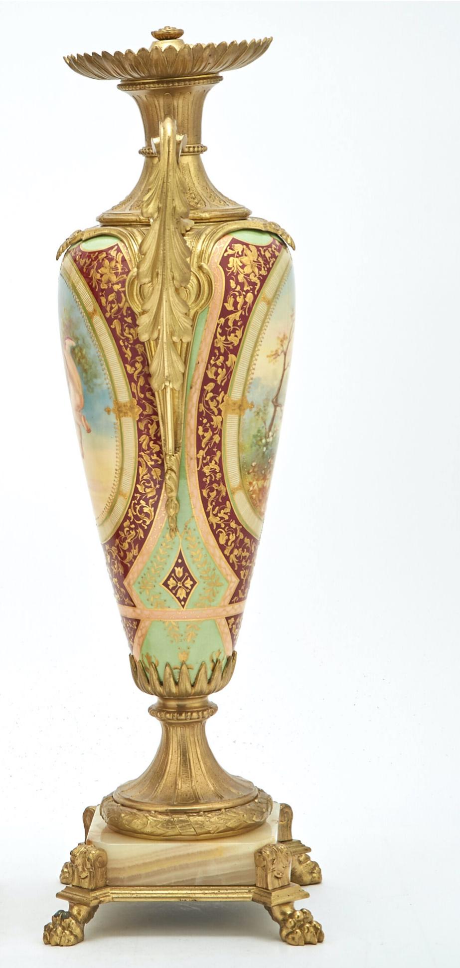  Louis XVI Style Bronze Ormolu / Porcelain Pair Urns / Side Handled For Sale 4