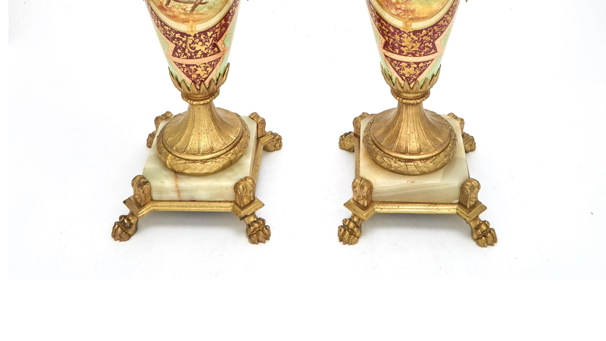 Louis XVI Style Bronze Ormolu / Porcelain Pair Urns / Side Handled For Sale 5