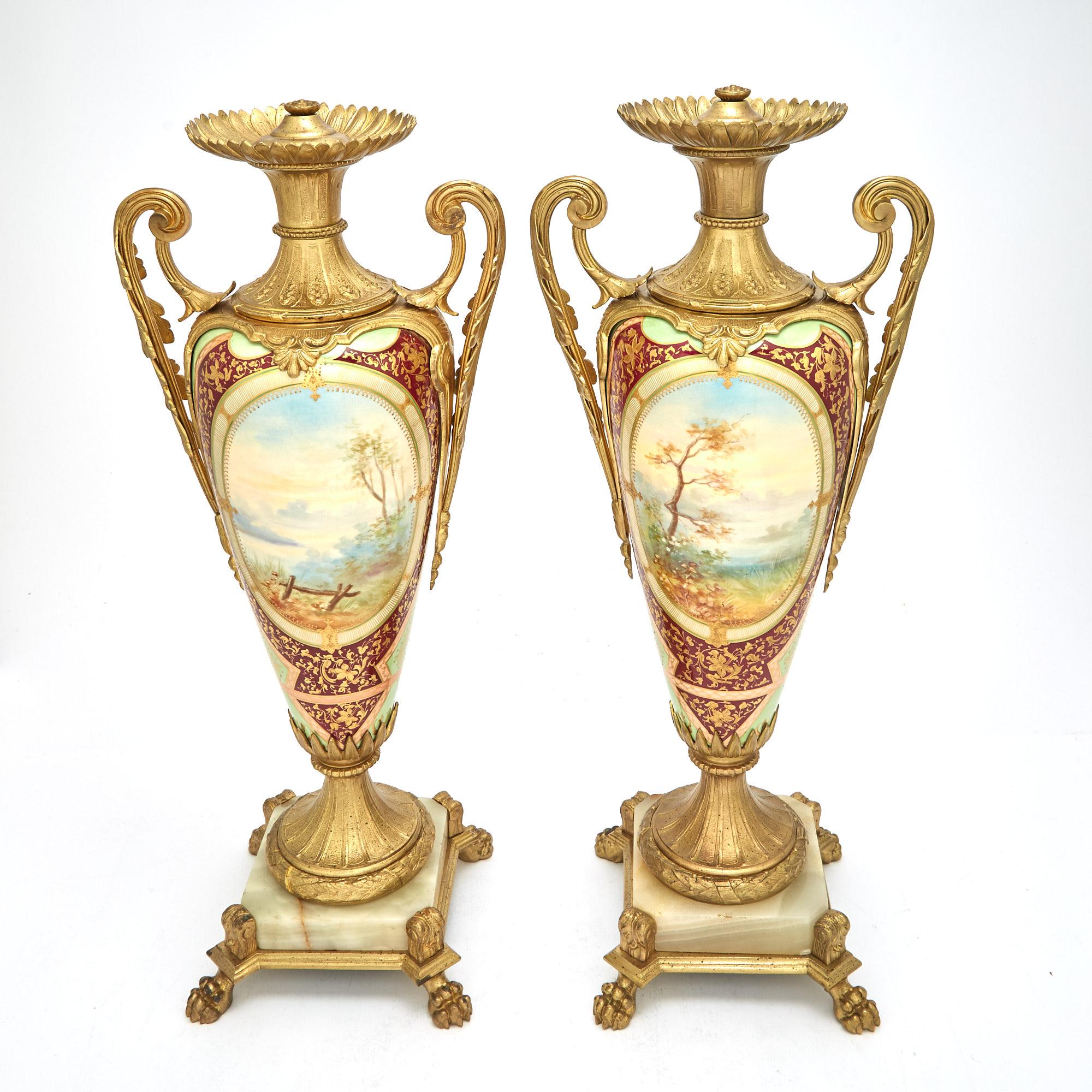 French  Louis XVI Style Bronze Ormolu / Porcelain Pair Urns / Side Handled For Sale