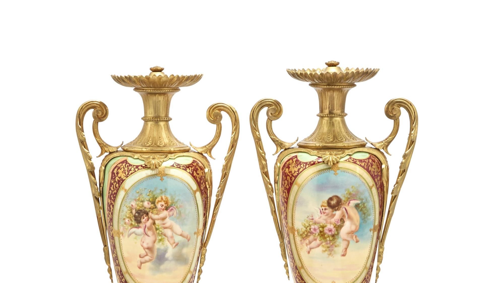 Gilt  Louis XVI Style Bronze Ormolu / Porcelain Pair Urns / Side Handled For Sale
