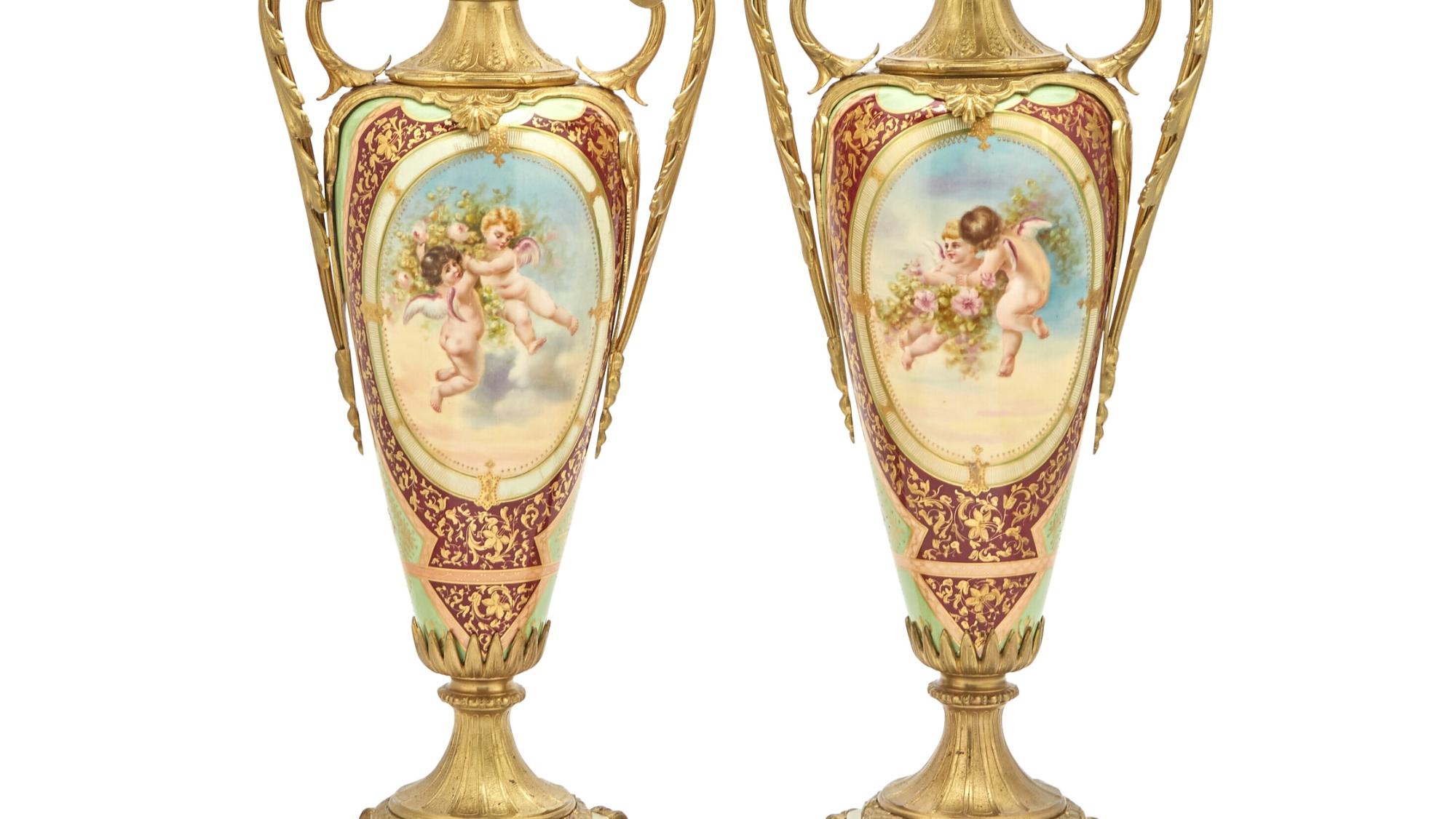 Late 19th Century  Louis XVI Style Bronze Ormolu / Porcelain Pair Urns / Side Handled For Sale