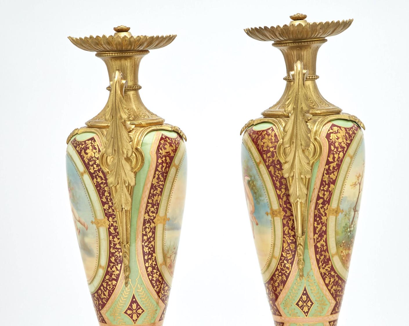  Louis XVI Style Bronze Ormolu / Porcelain Pair Urns / Side Handled For Sale 3