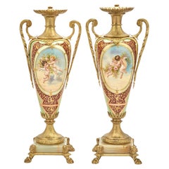 Antique  Louis XVI Style Bronze Ormolu / Porcelain Pair Urns / Side Handled