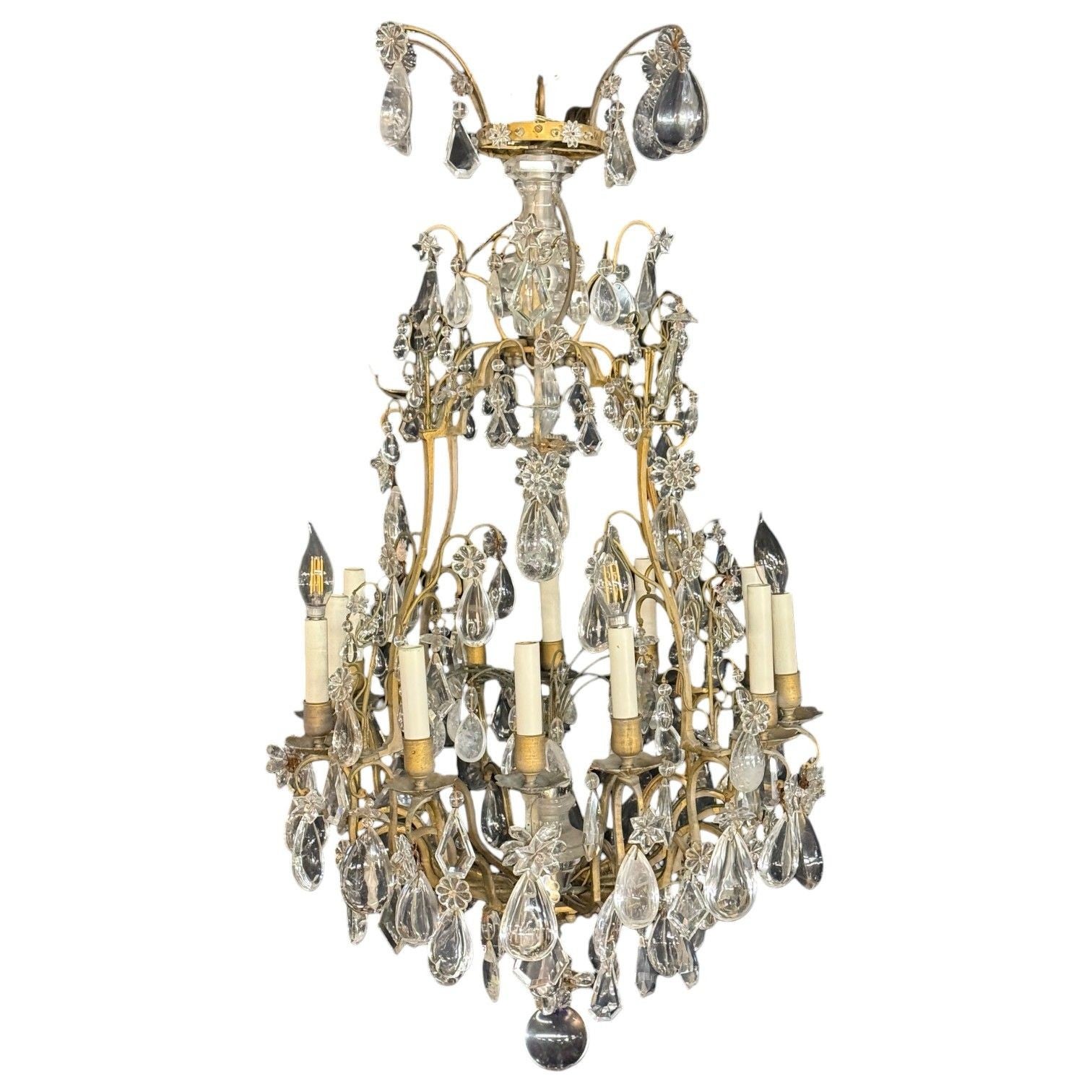 Louis XVI Style, Bronze, Rock Crystal, 12 Light Chandelier, France, 19th c. For Sale