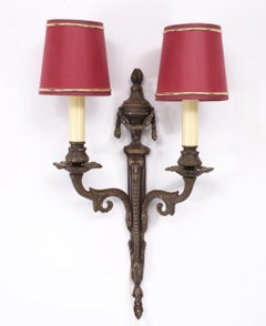 Set of 2 Louis XVI Style Bronze Wall Sconces with Red Silk Shades