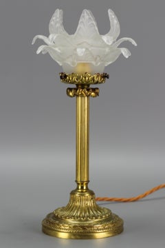 Louis XVI Style Bronze Table Lamp with Flower Shaped Frosted Glass Shade