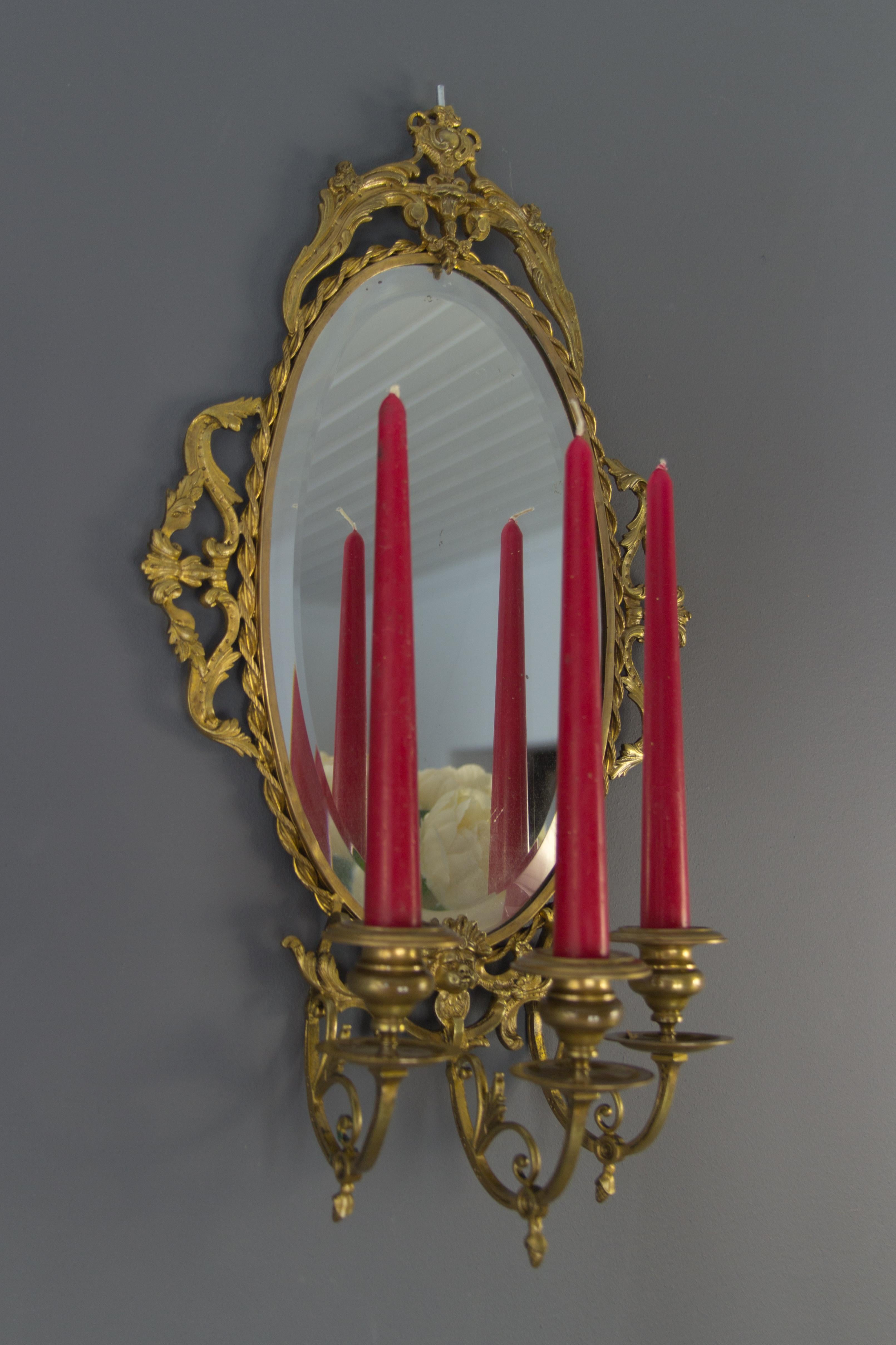 French Louis XVI Style Bronze Girandole Wall Mirror with Candle Sconces, ca 1920 For Sale