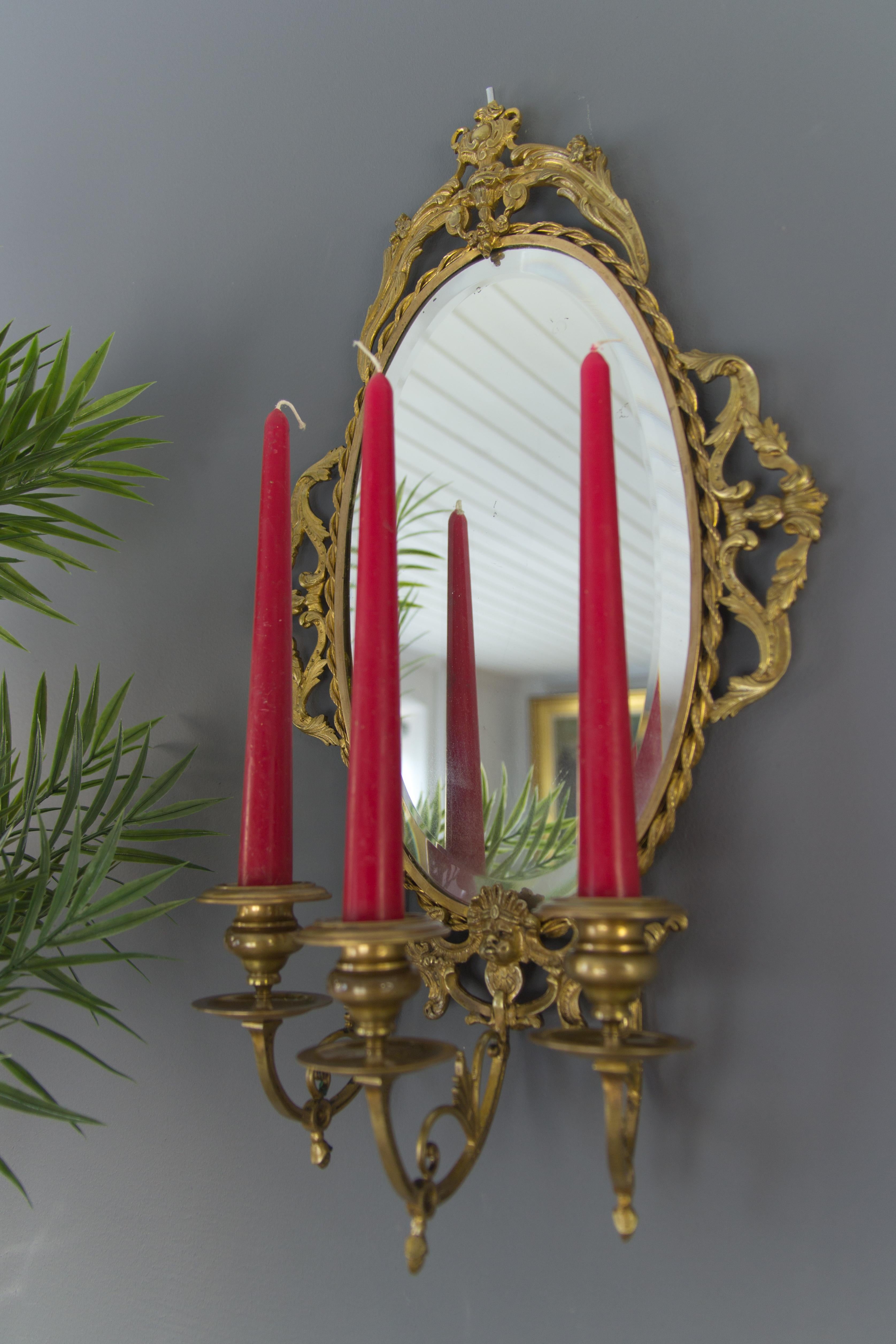 Beveled Louis XVI Style Bronze Girandole Wall Mirror with Candle Sconces, ca 1920 For Sale