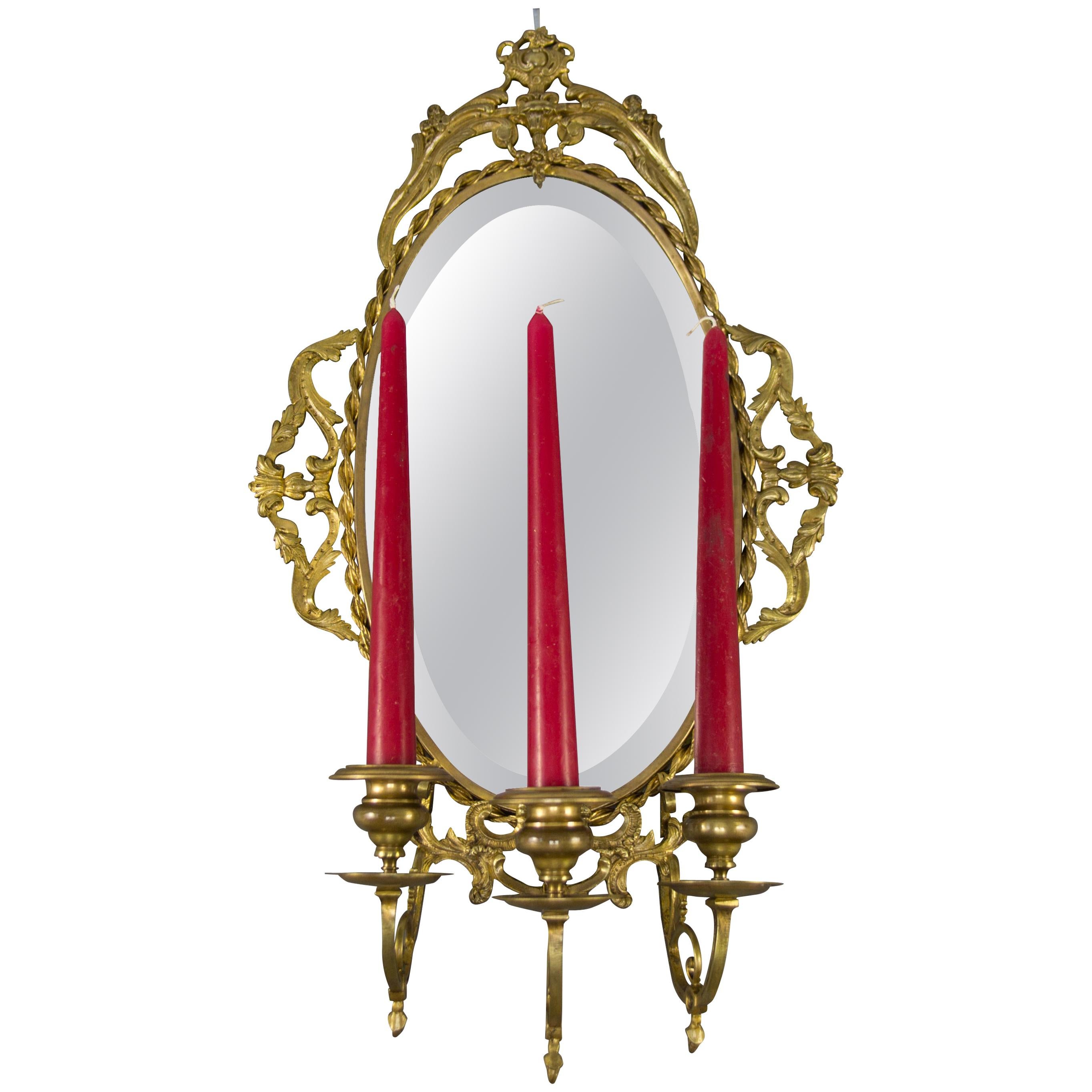 Louis XVI Style Bronze Girandole Wall Mirror with Candle Sconces, ca 1920 For Sale