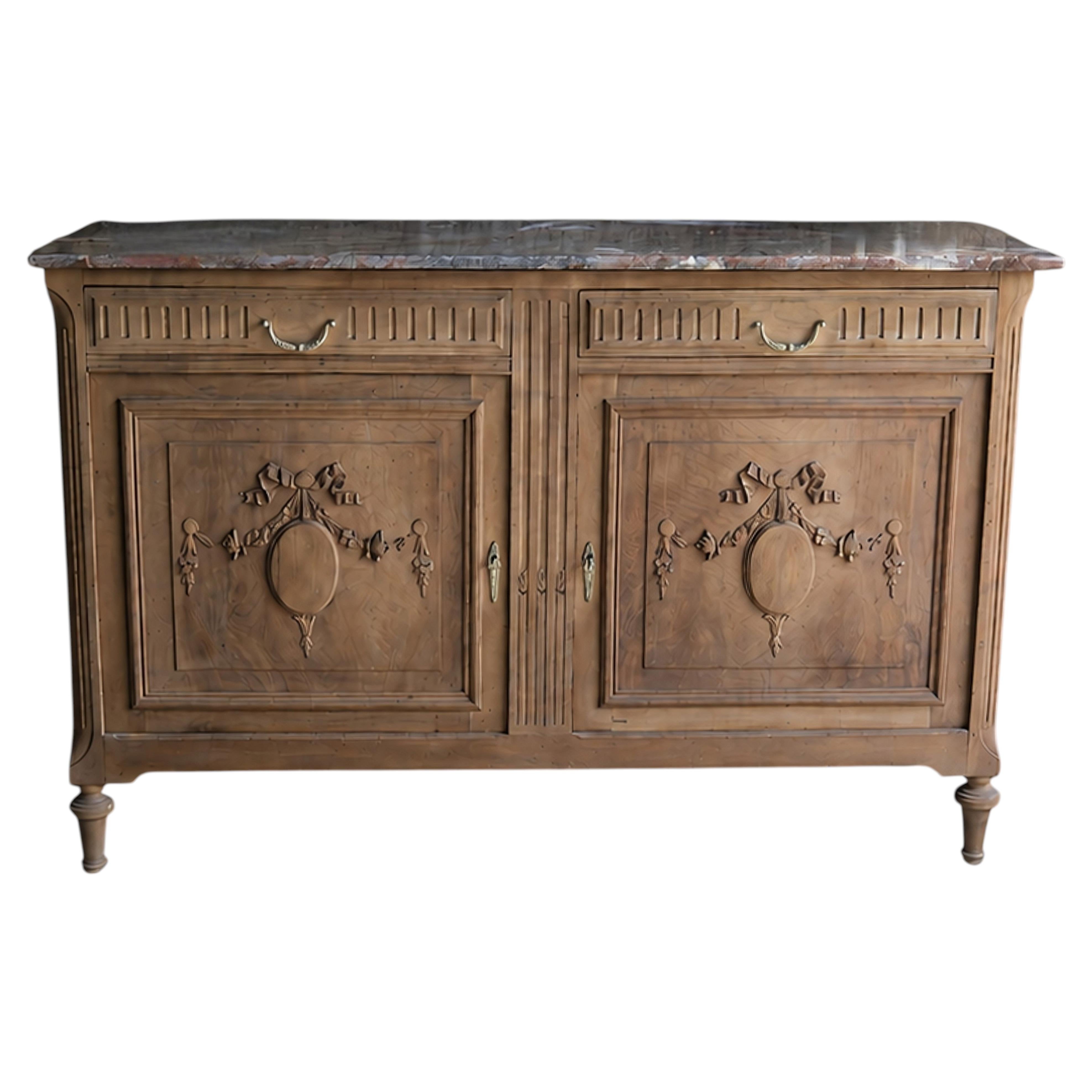 Louis XVI Style Buffet, Carved Walnut and Rouge Marble, France, 1900s