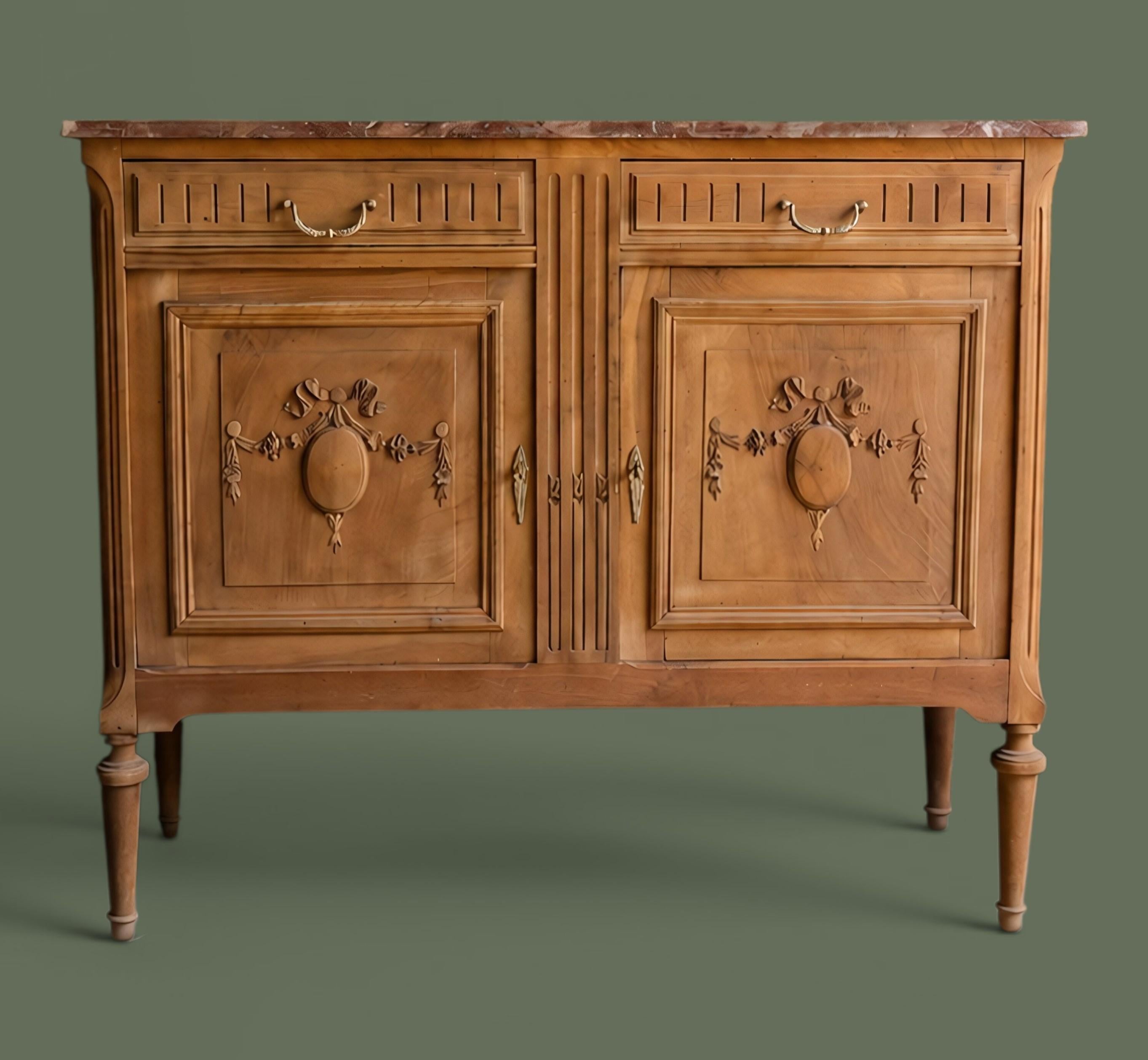 Louis XVI Style Buffet, Carved Walnut with Rouge Marble Top, France, 1950s For Sale