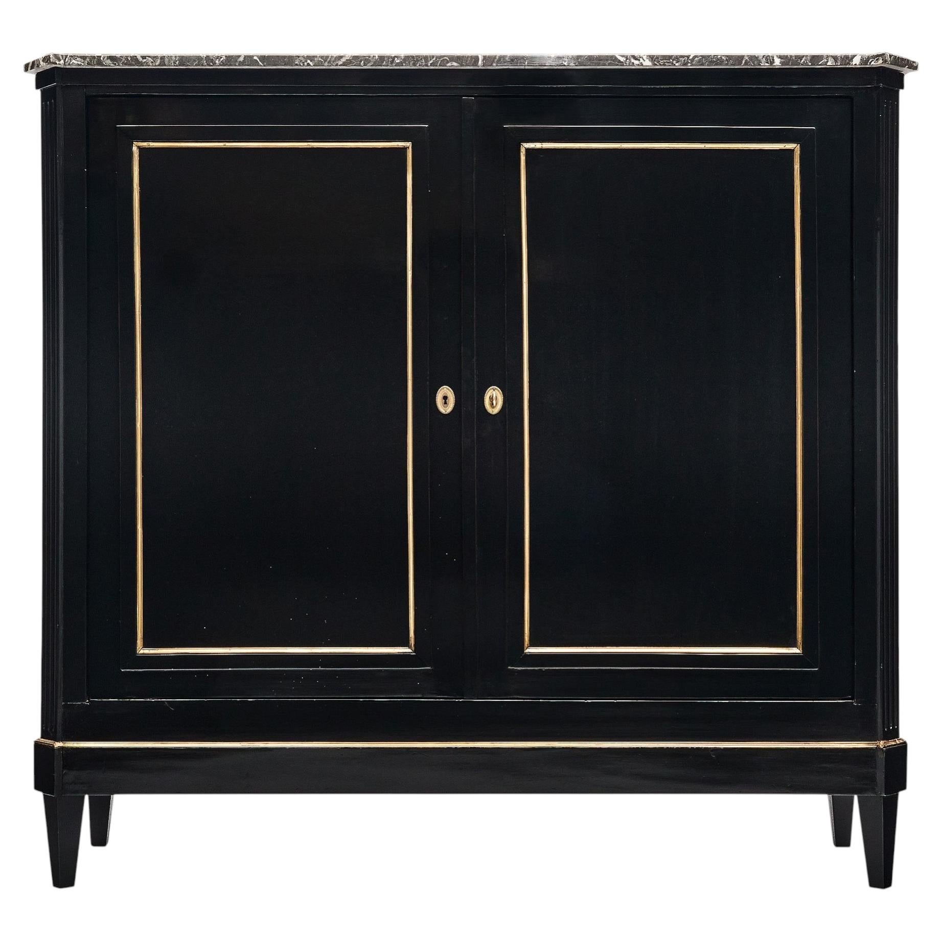 Louis XVI Style Buffet, Ebonized Mahogany & Marble Top, France, 1900