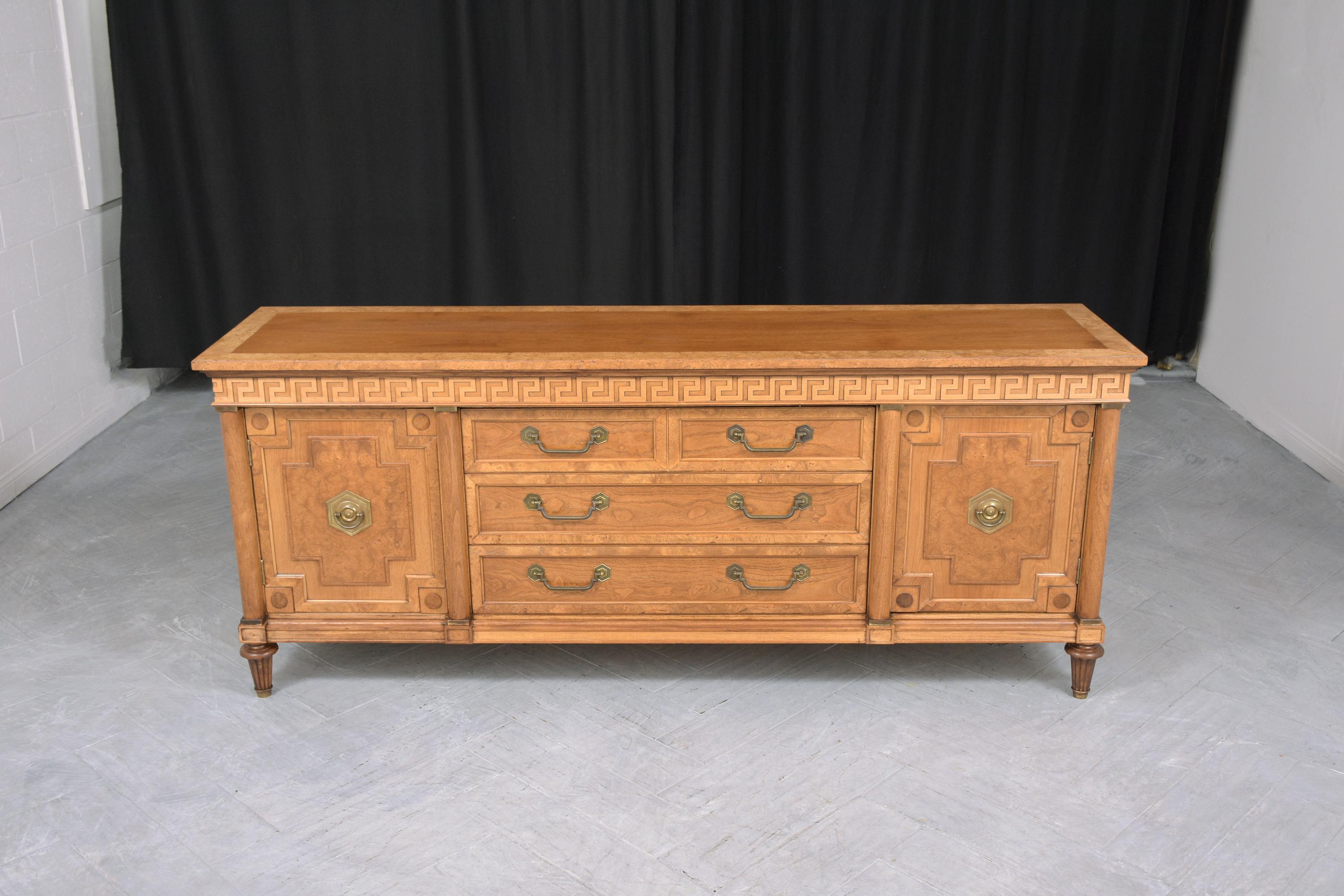 Lacquered 1960s Vintage Louis XVI Style Walnut Buffet: Inlaid Marquetry with Brass Details