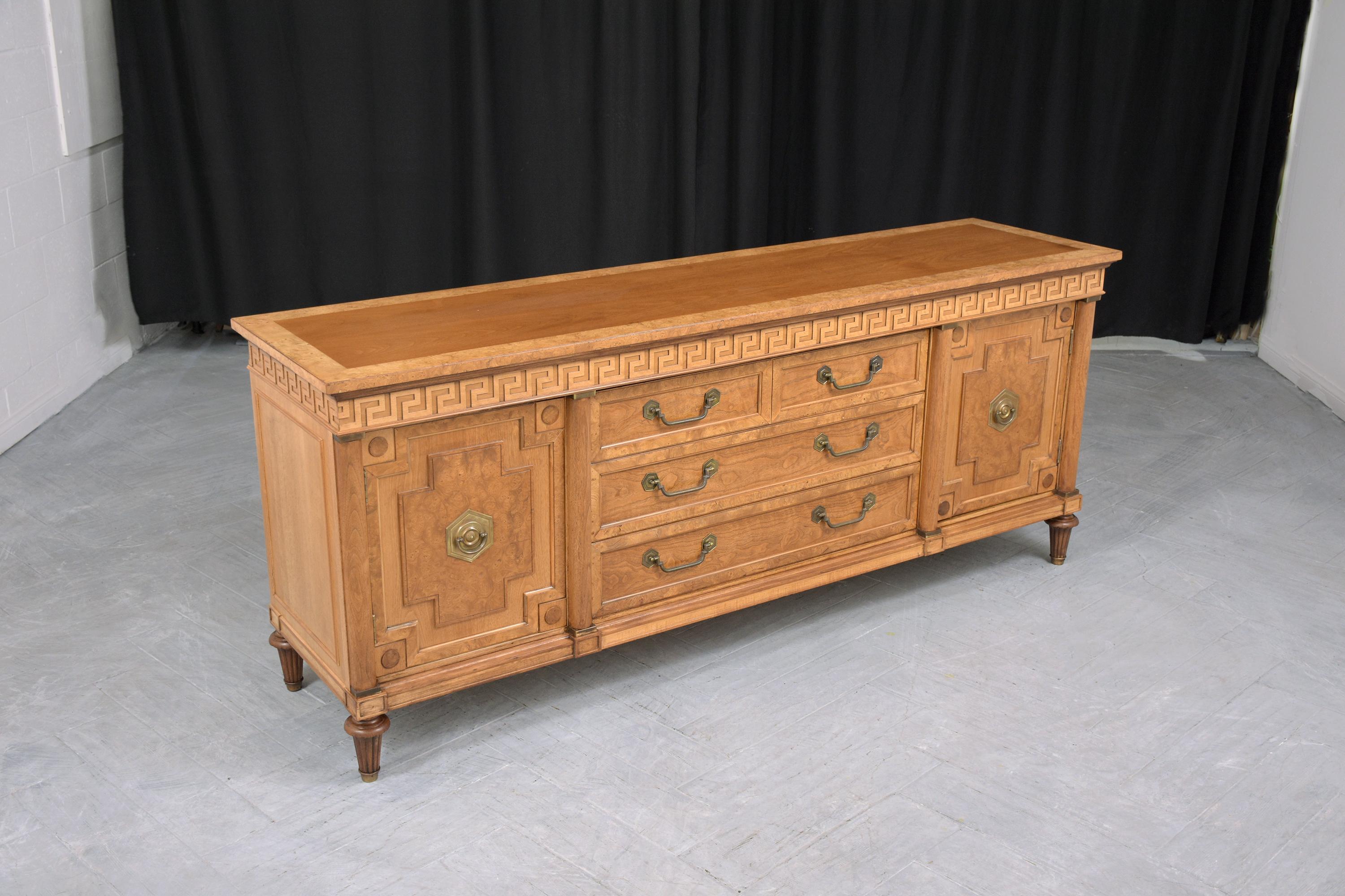 American 1960s Vintage Louis XVI Style Walnut Buffet: Inlaid Marquetry with Brass Details