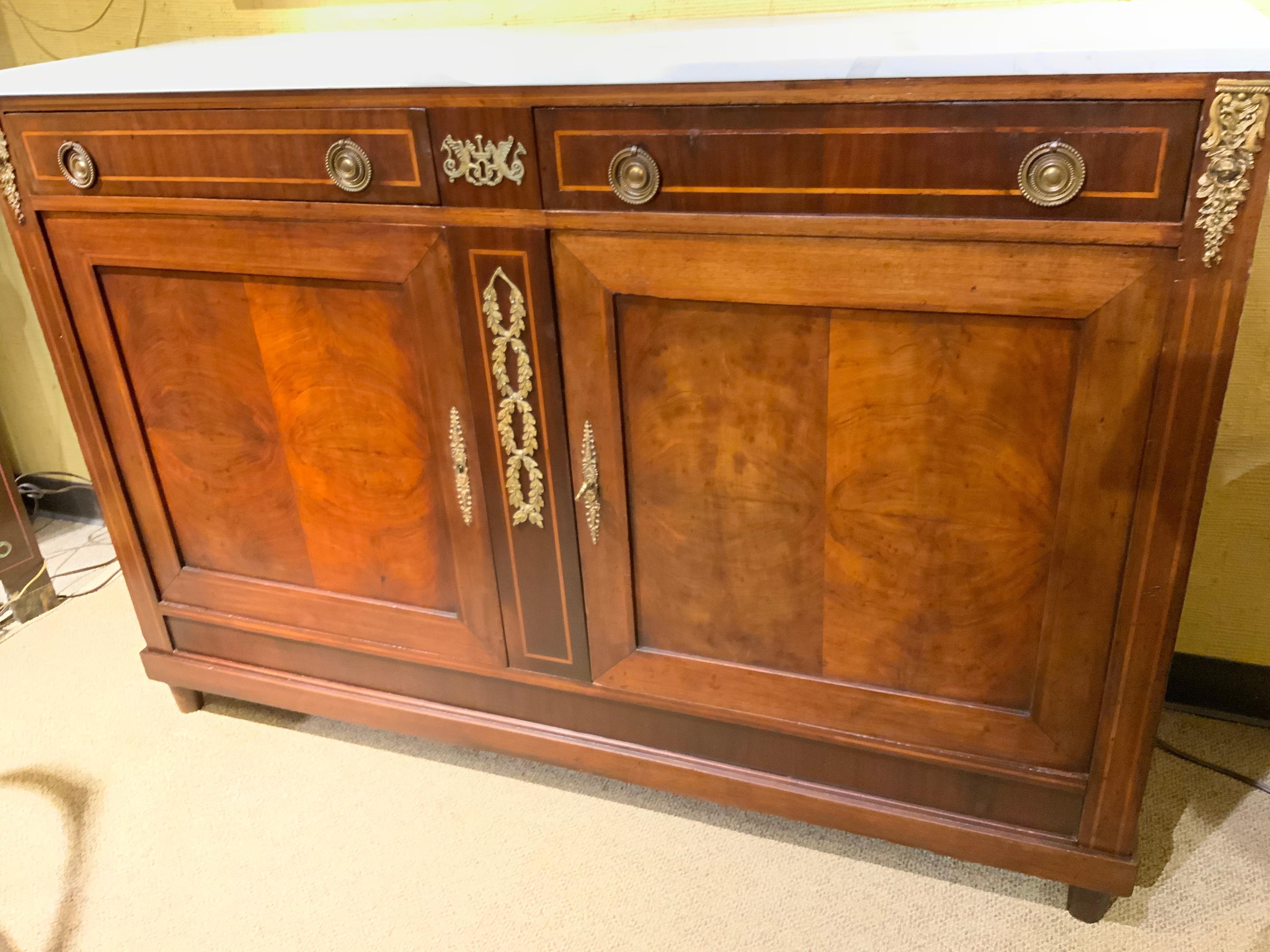 French Louis XVI-Style Buffet/Sideboard Mahogany with White Marble Top