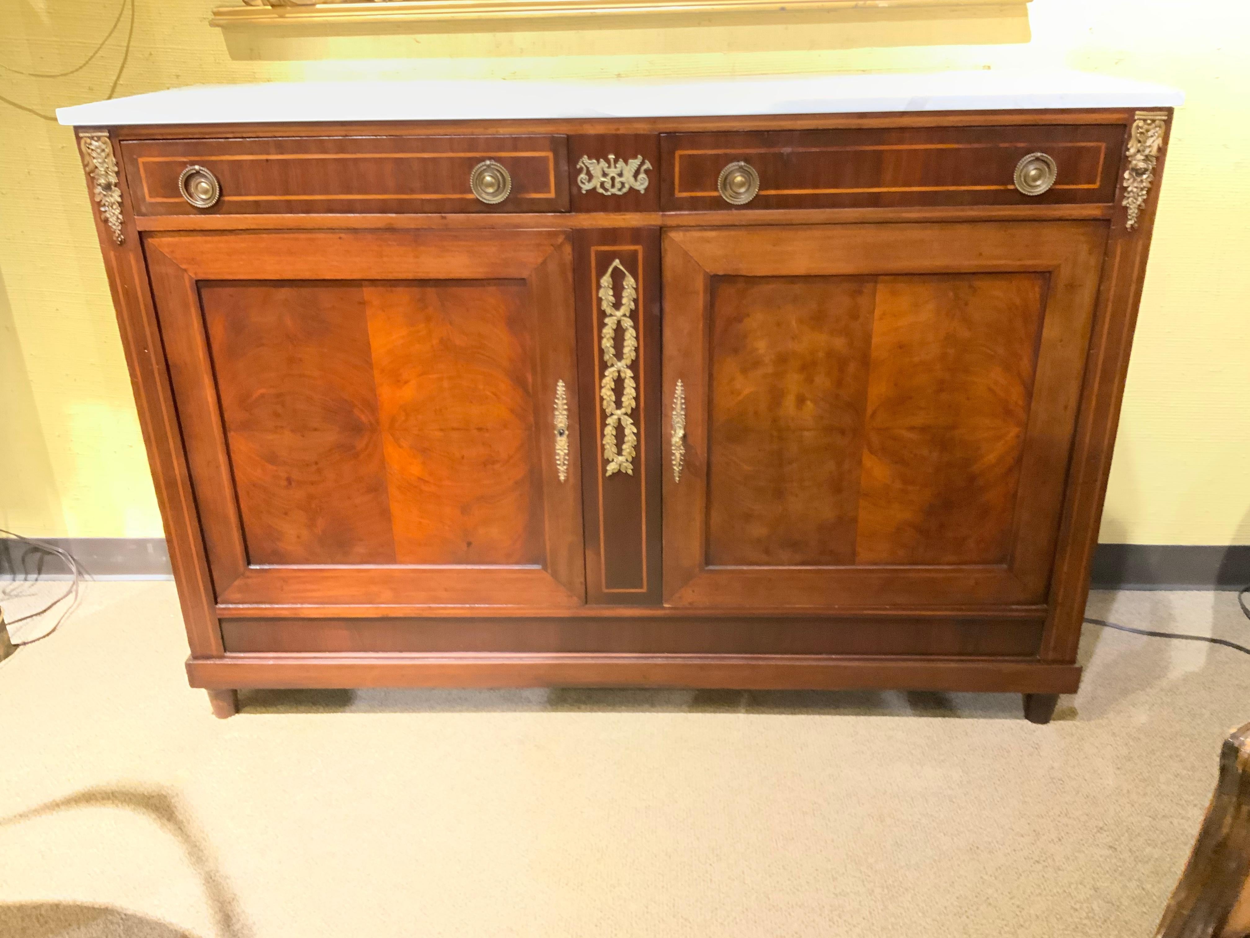 Louis XVI-Style Buffet/Sideboard Mahogany with White Marble Top In Good Condition In Houston, TX