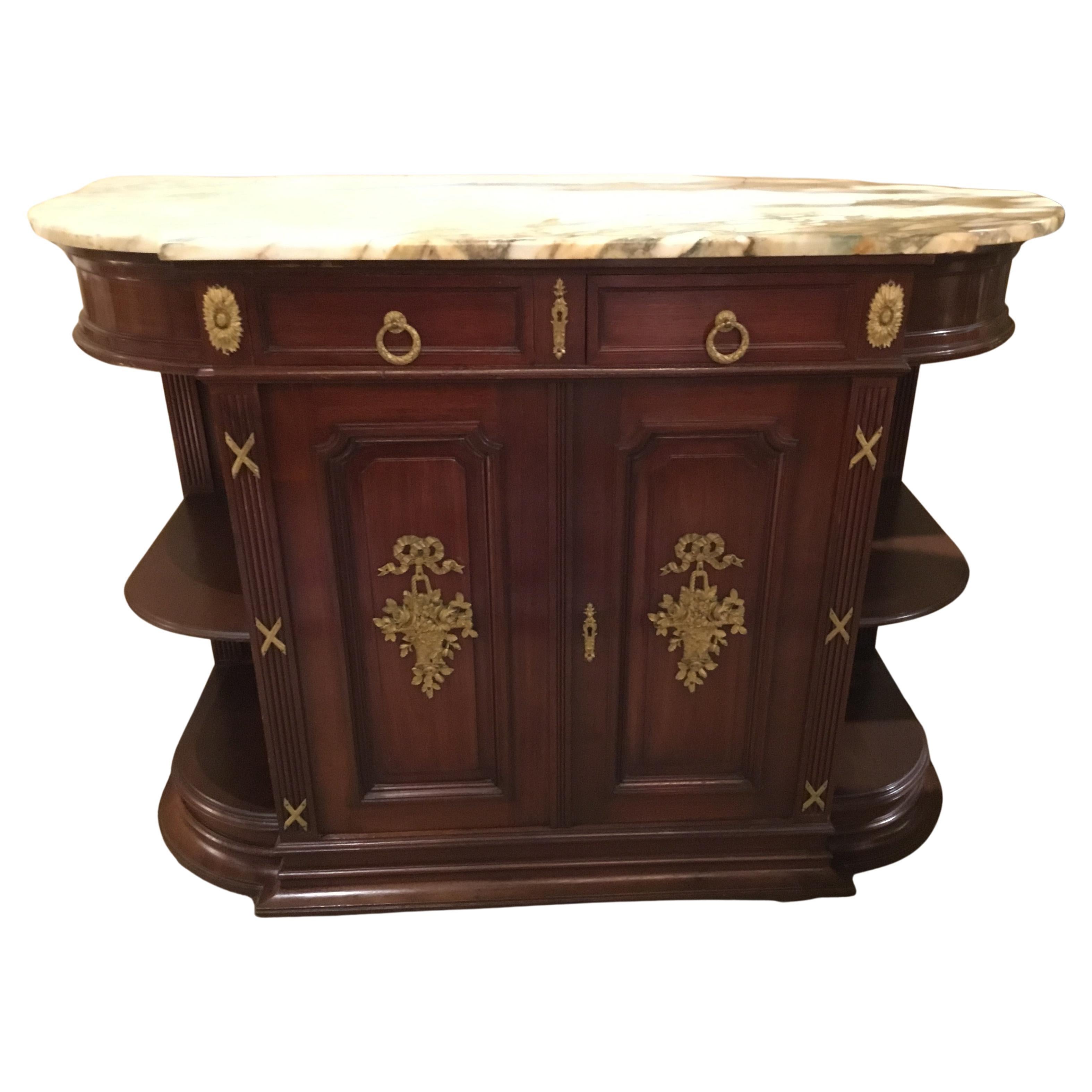 Louis XVI Style Buffet with Gilt Bronze Mounts, Demilune Shape with Marble Top