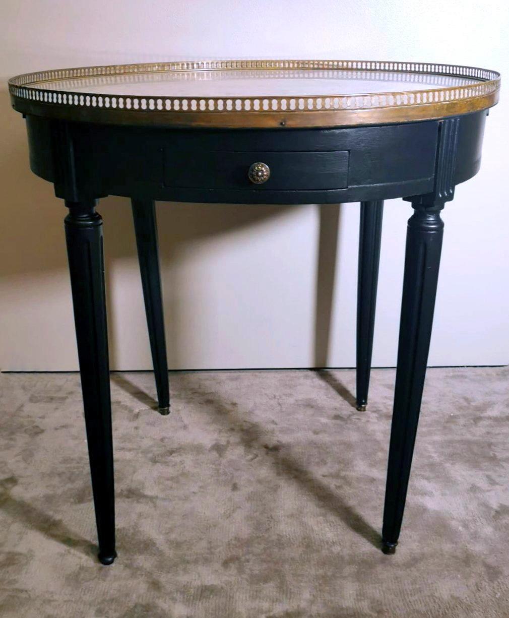 French Louis XVI Style Bouillotte Side Table in Black Ebonized Wood and Carrara Marble