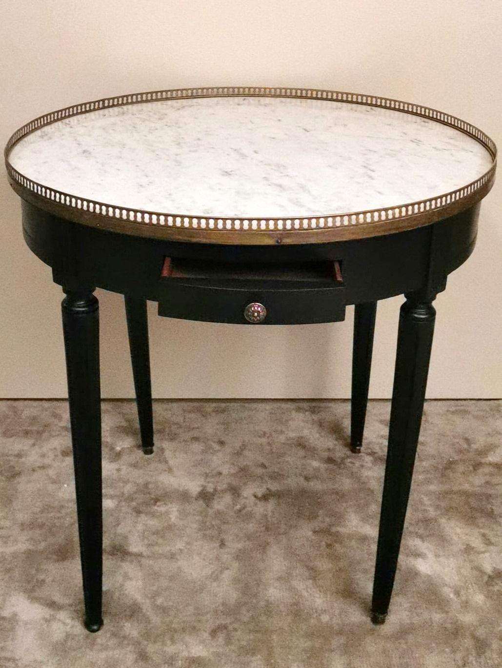 Louis XVI Style Bouillotte Side Table in Black Ebonized Wood and Carrara Marble 1