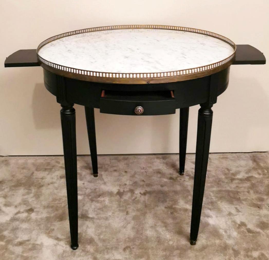 Louis XVI Style Bouillotte Side Table in Black Ebonized Wood and Carrara Marble 3