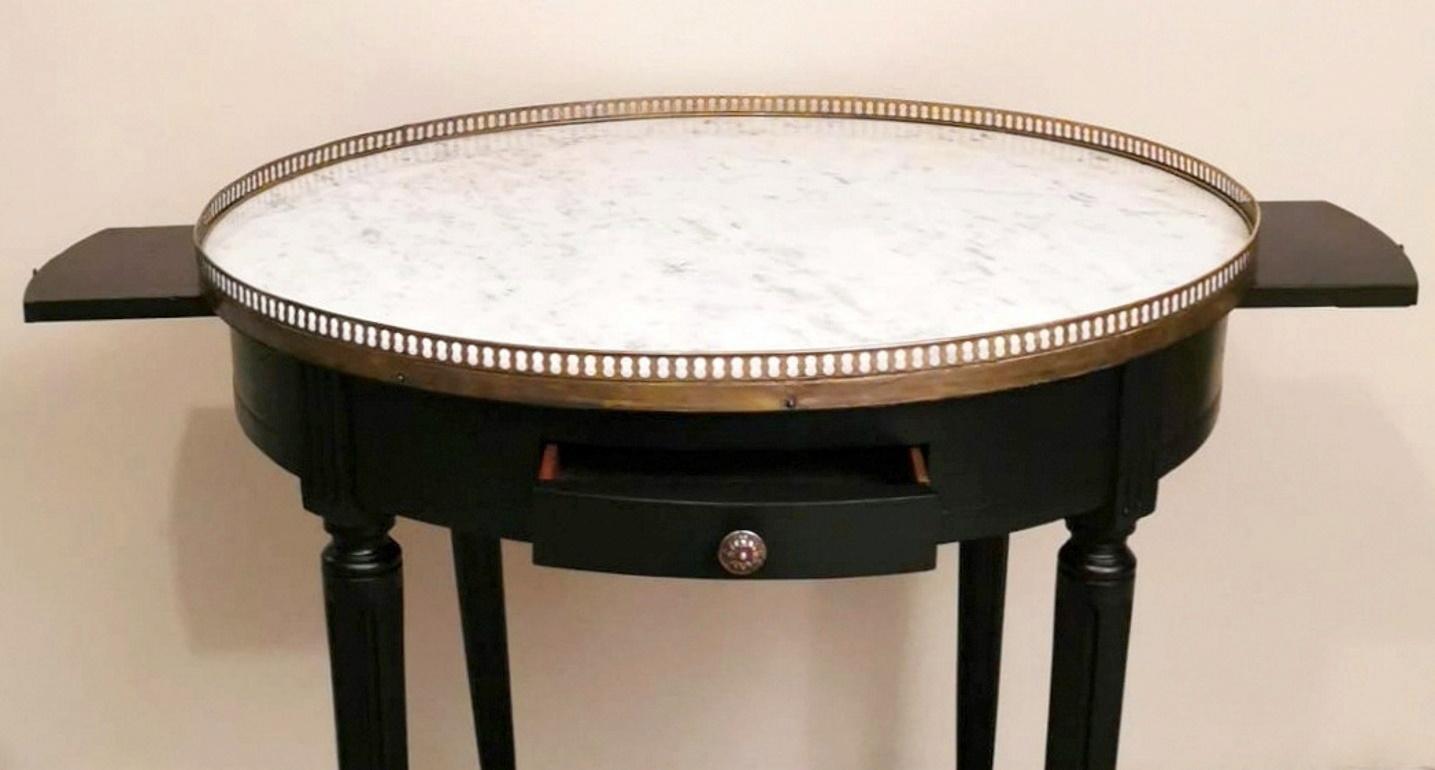 Louis XVI Style Bouillotte Side Table in Black Ebonized Wood and Carrara Marble 4