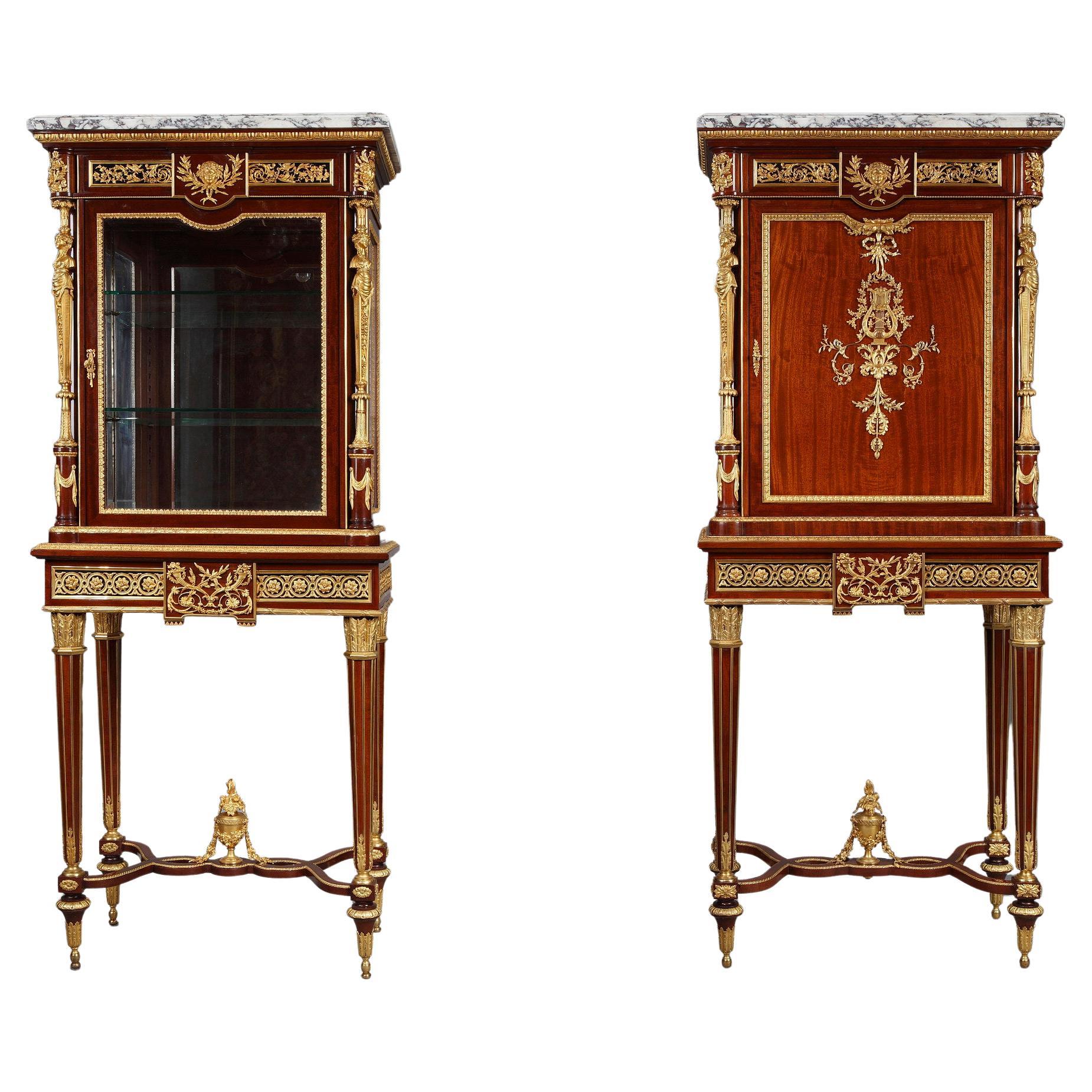 Louis XVI Style Cabinet and its Companion Vitrine by F.Linke, France, Circa 1890 For Sale