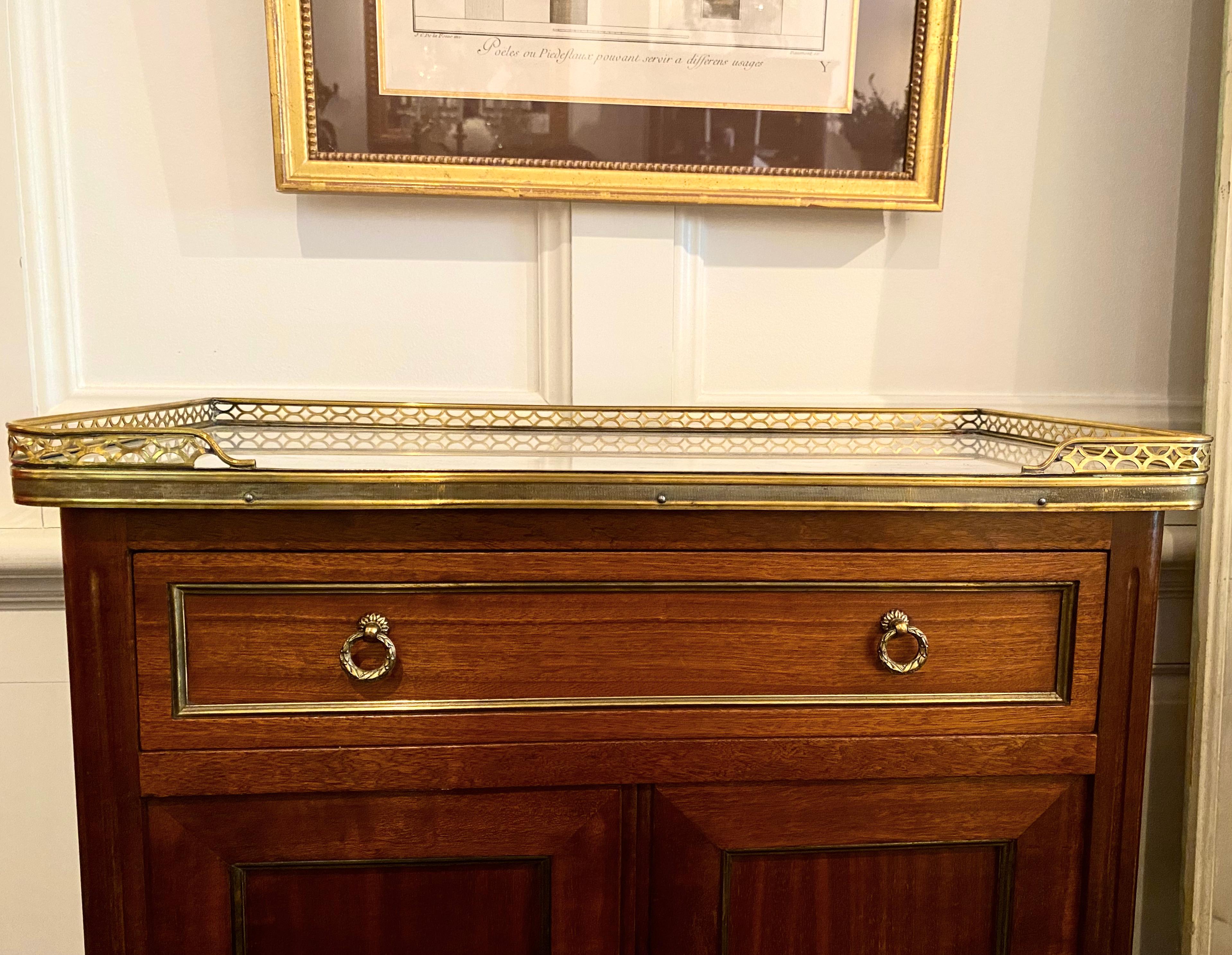 Louis XVI Style Cabinet or Small Cupboard with Marble Top, Bronze Gallery For Sale 9