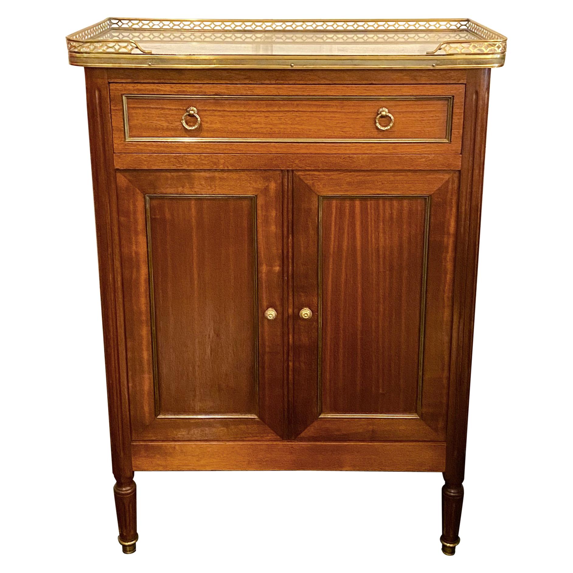 Louis XVI Style Cabinet or Small Cupboard with Marble Top, Bronze Gallery For Sale