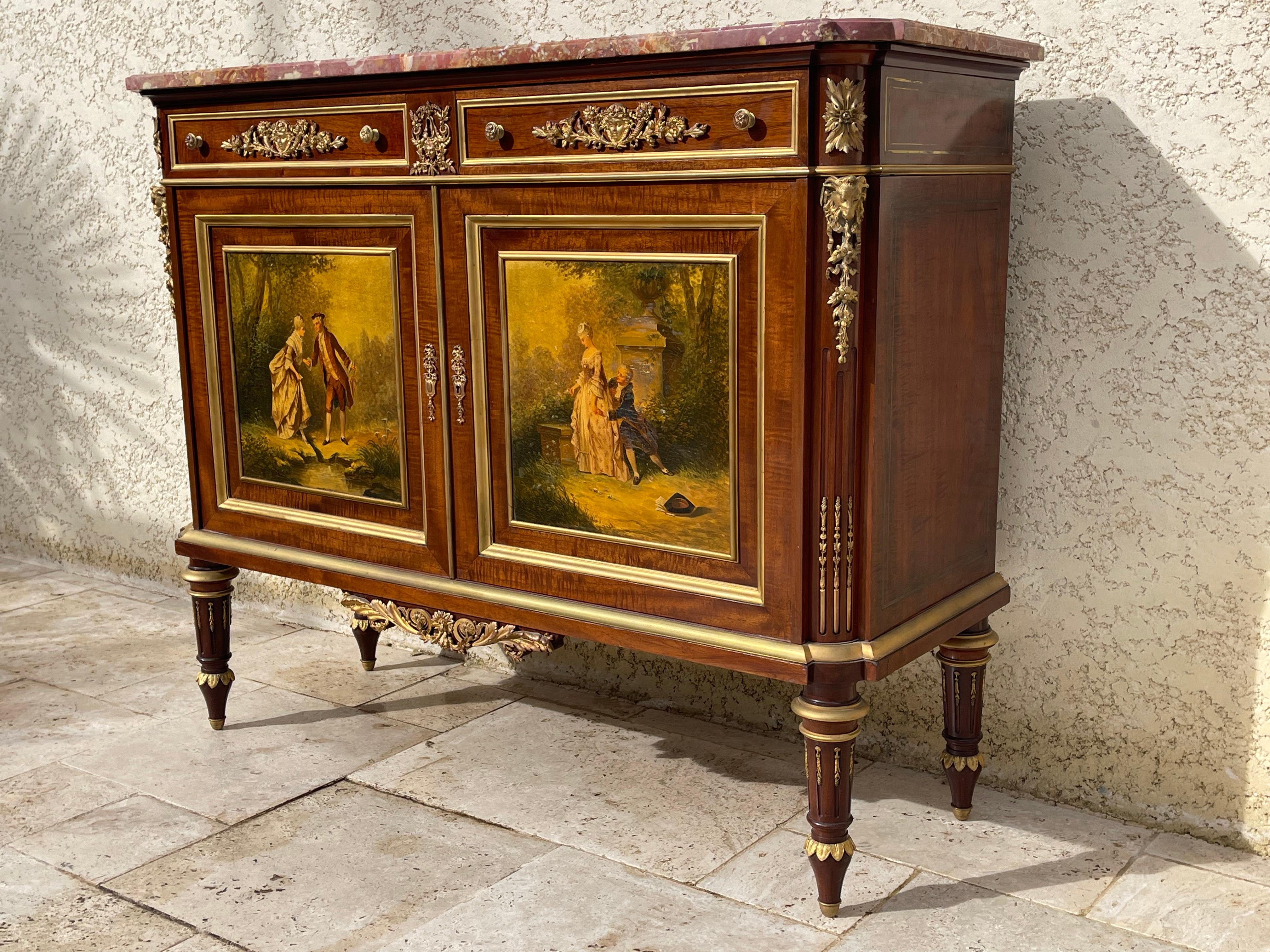 19th Century Louis XVI Style Cabinet with bronze and Vernis Martin Scenes, XIXth century For Sale