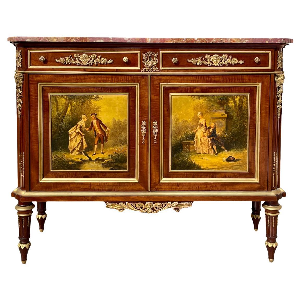 Louis XVI Style Cabinet with bronze and Vernis Martin Scenes, XIXth century For Sale