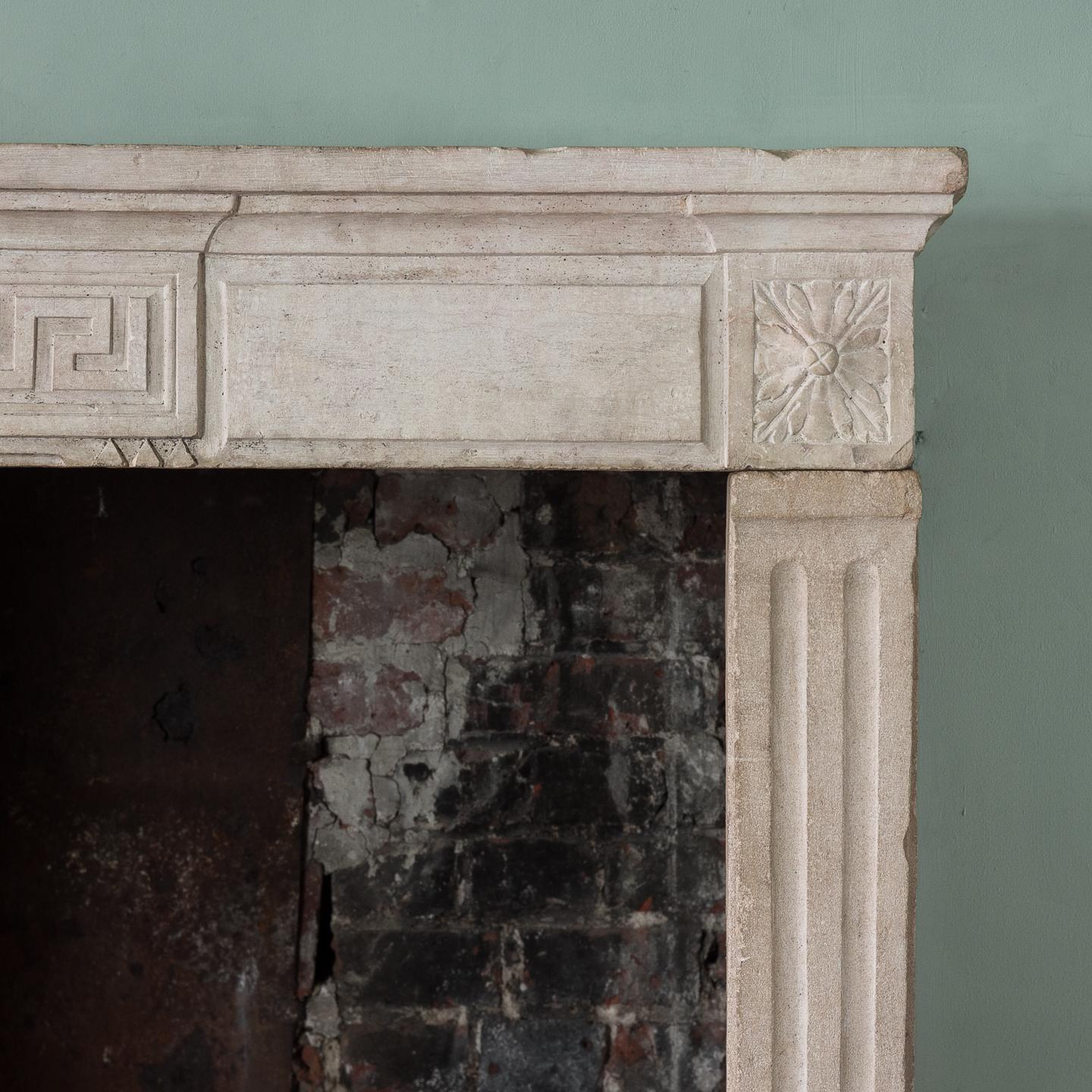 Hand-Carved Louis XVI Style Caen Stone Firepalce