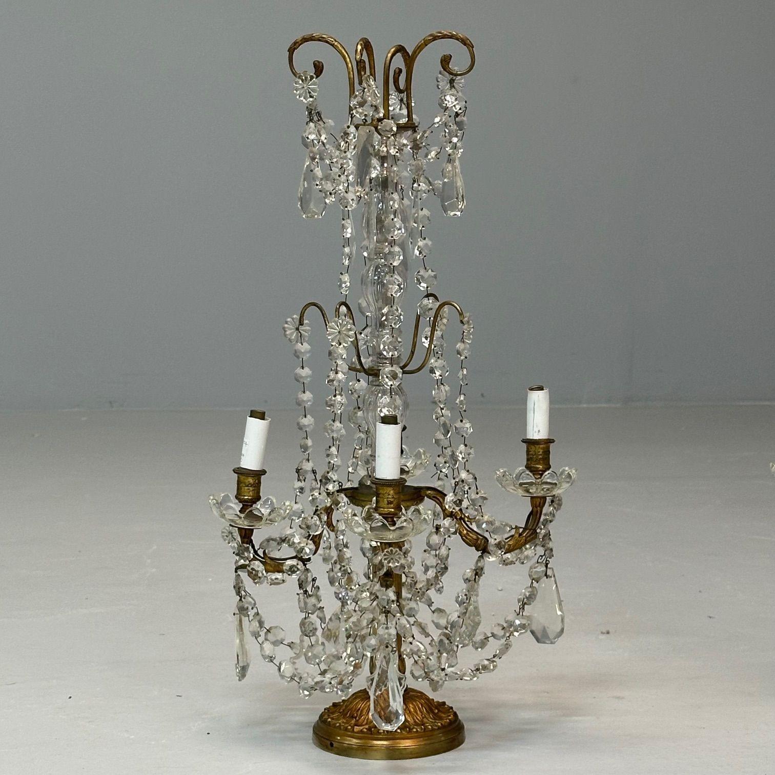 French Louis XVI Style, Candelabras, Gilt Bronze, Crystal, France, 1930s For Sale